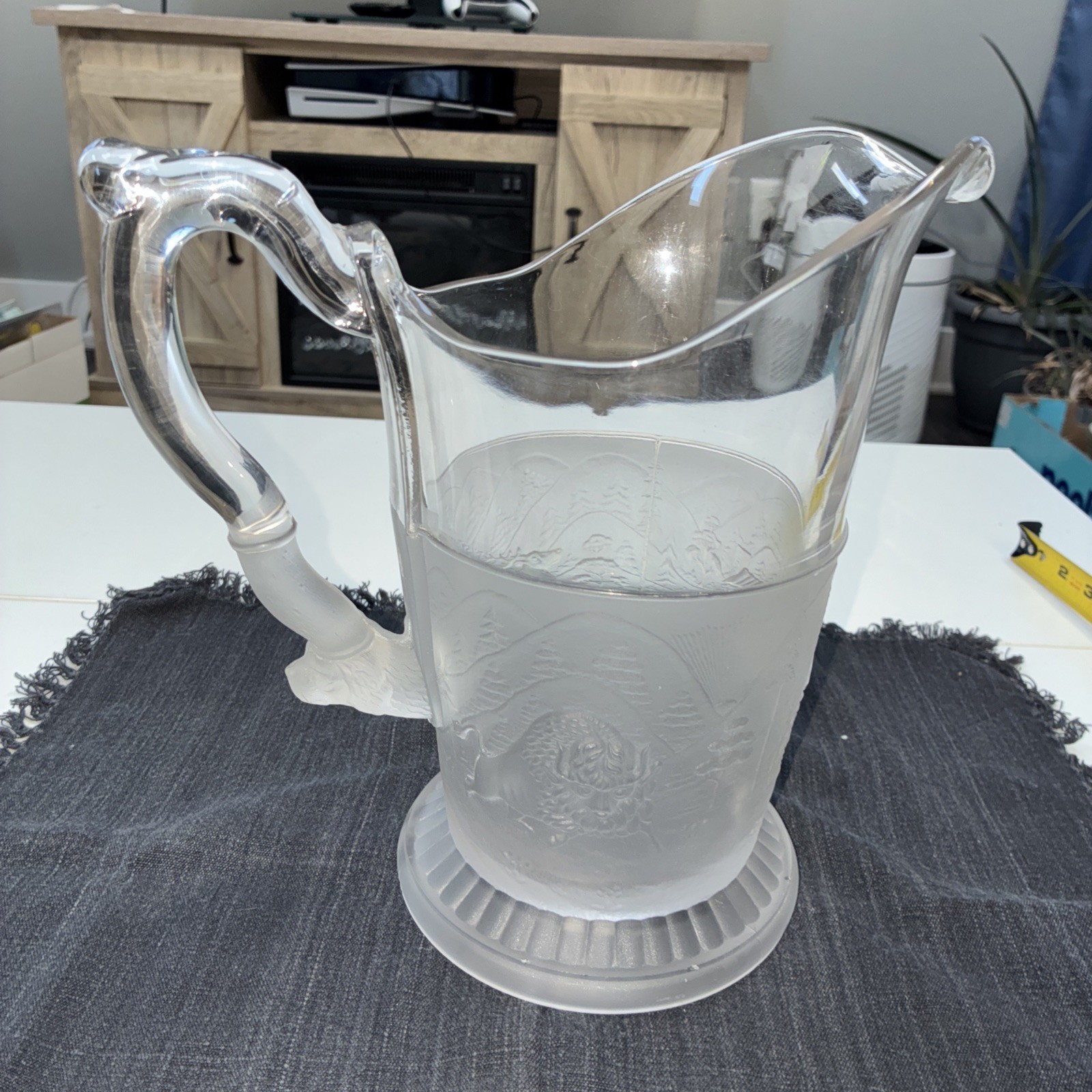 Gillinder Westward Ho Pitcher c1879 Frosted EAPG Frontier Cabin Lodge Decor