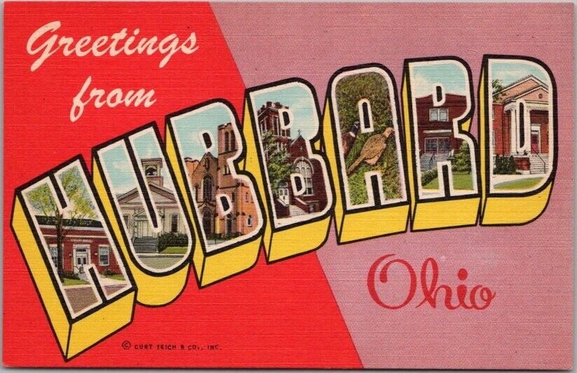 Vintage HUBBARD, Ohio Large Letter Postcard Multi-View / Curteich Linen c1953