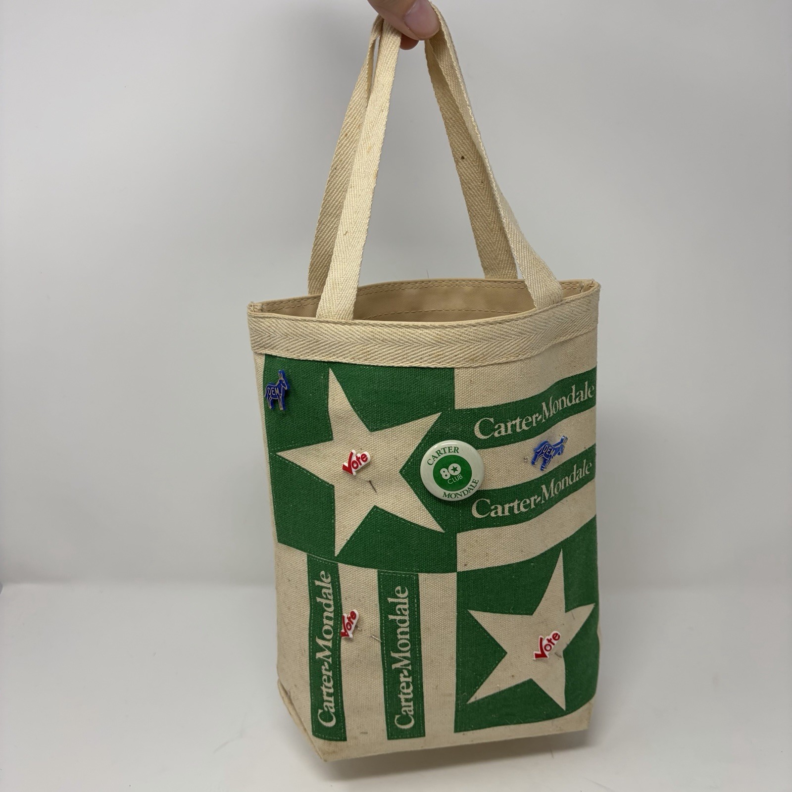 Vintage 1976 Carter Mondale Campaign Tote Bag Union Made USA With Original Pins