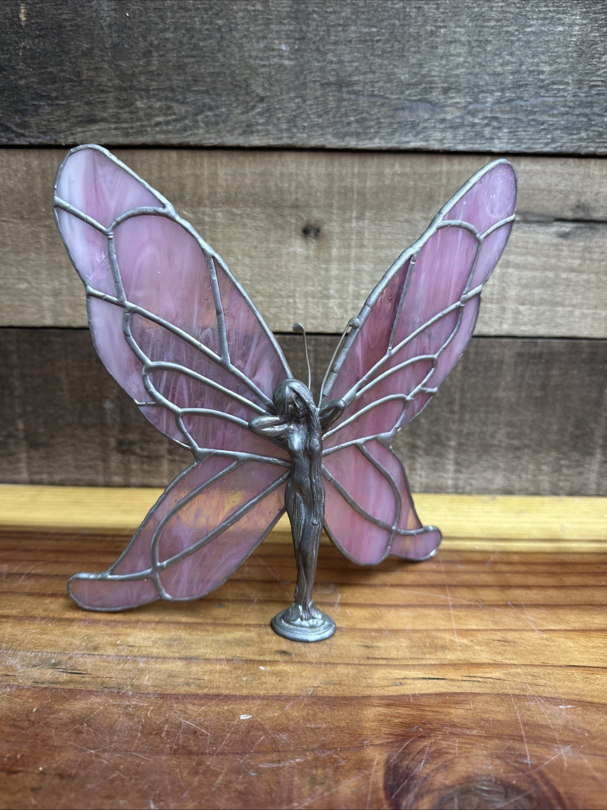Flaw-Vintage Lead Pewter Fairy with Pink Stained Glass Wings -read Flaw-Vintage Lead Pewter Fairy with Pink Stained Glass Wings -read