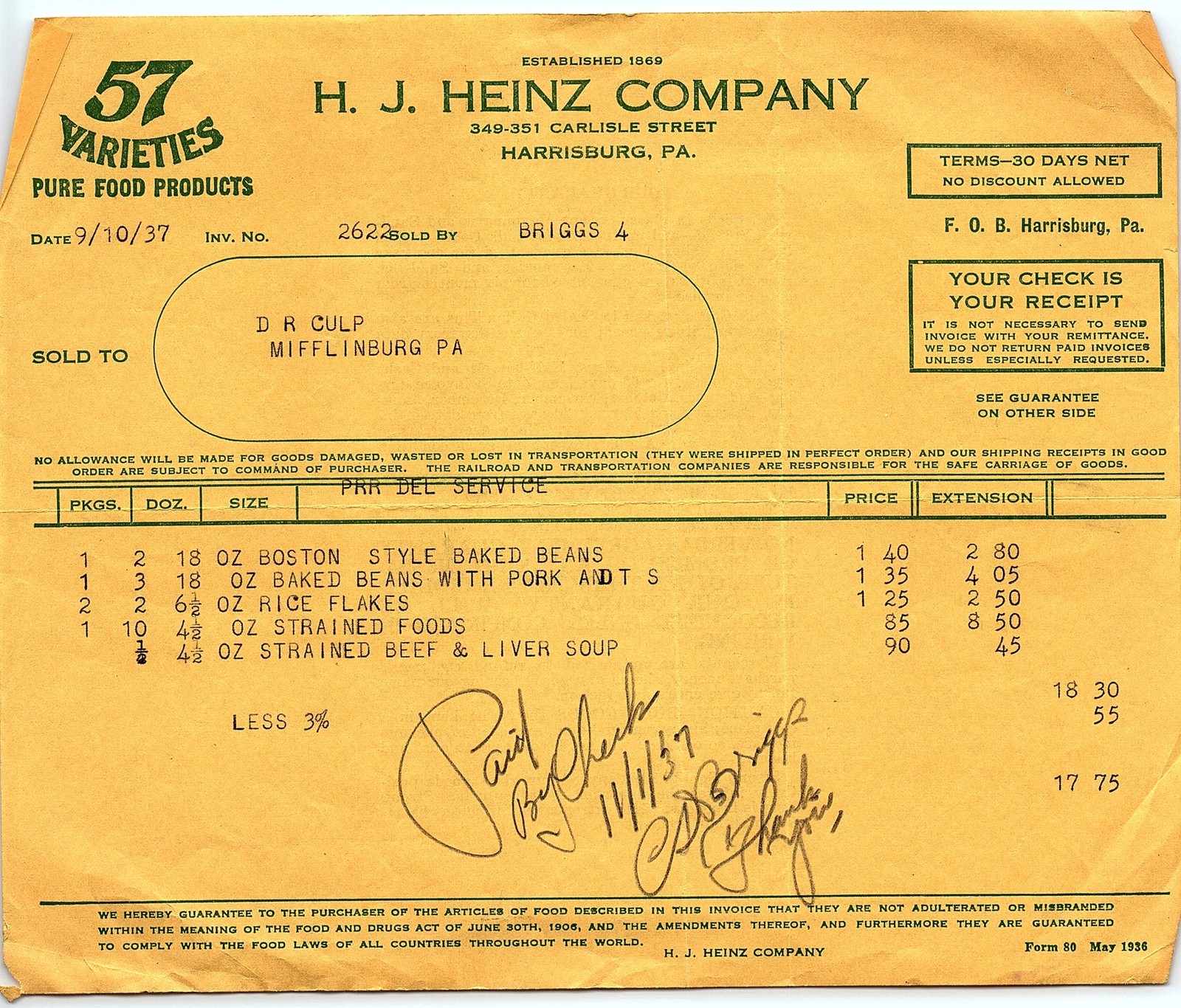 1937 H.J. Heinz Co. 57 Varieties food invoice, guarantee bac