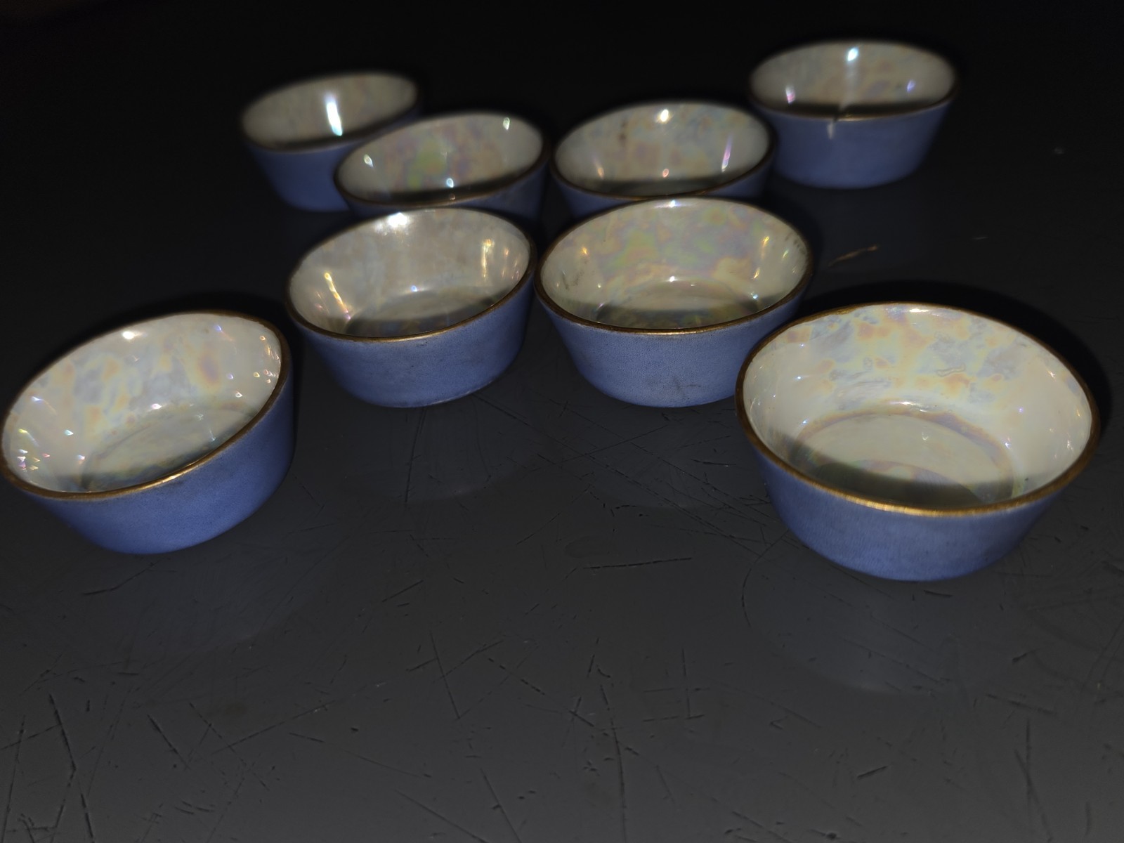 Set of 8 Antique PT Tirschenreuth Bavaria Blue Lusterware Open Salt Cellars... Set of 8 Antique PT Tirschenreuth Bavaria Blue Lusterware Open Salt Cellars...