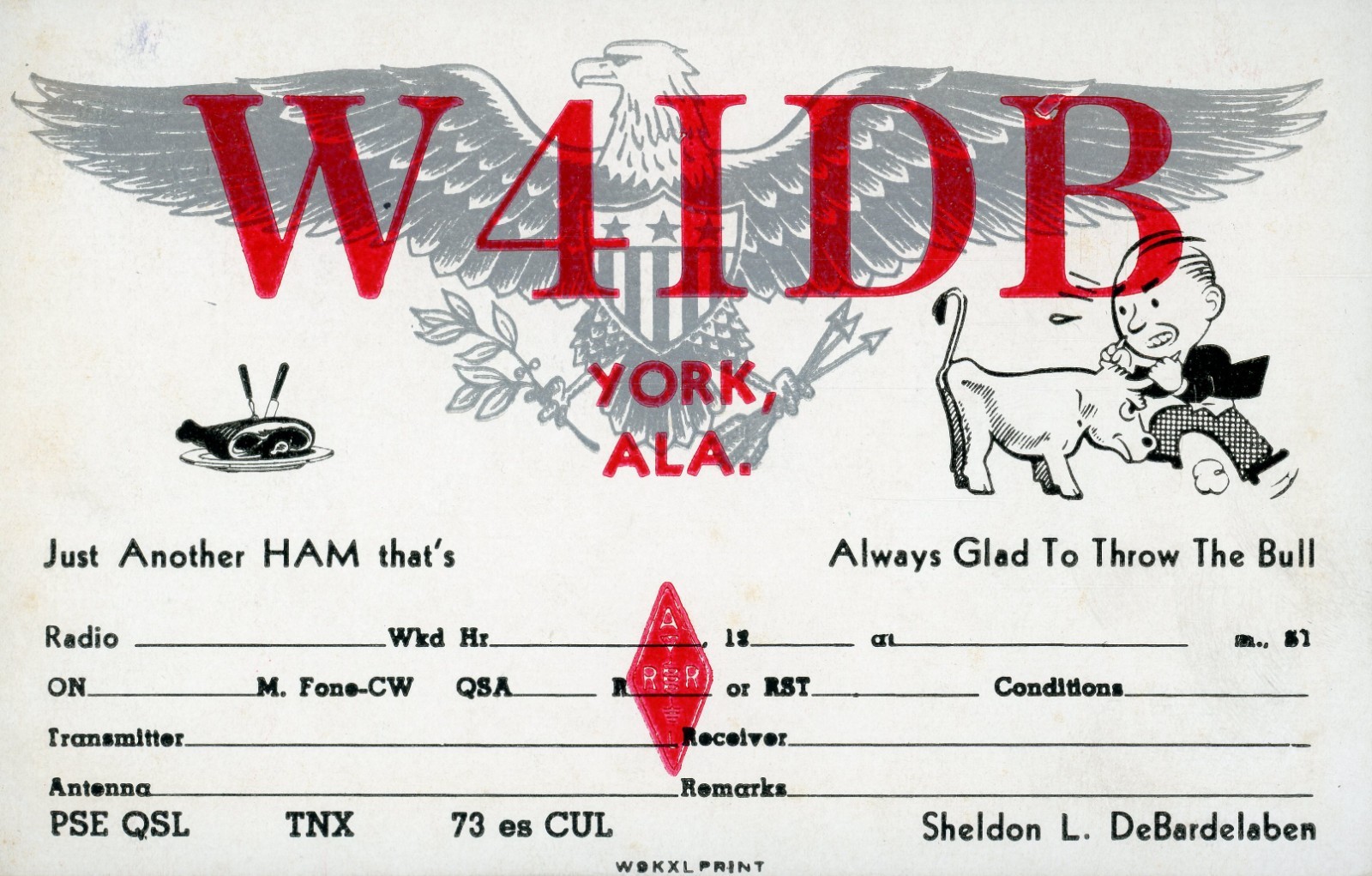 Vintage Amateur Radio QSL Printer's Sample, 1940's, W4IDB, York, AL