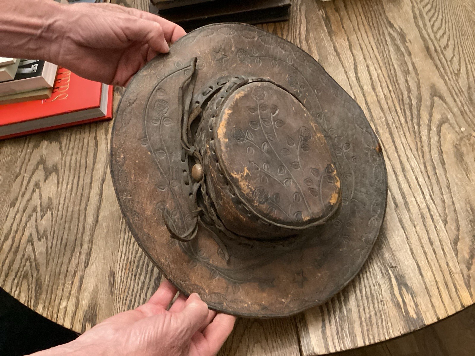 Antique Western Americana Leather Cowboy Hat Folk Art Frontier Gold Days?