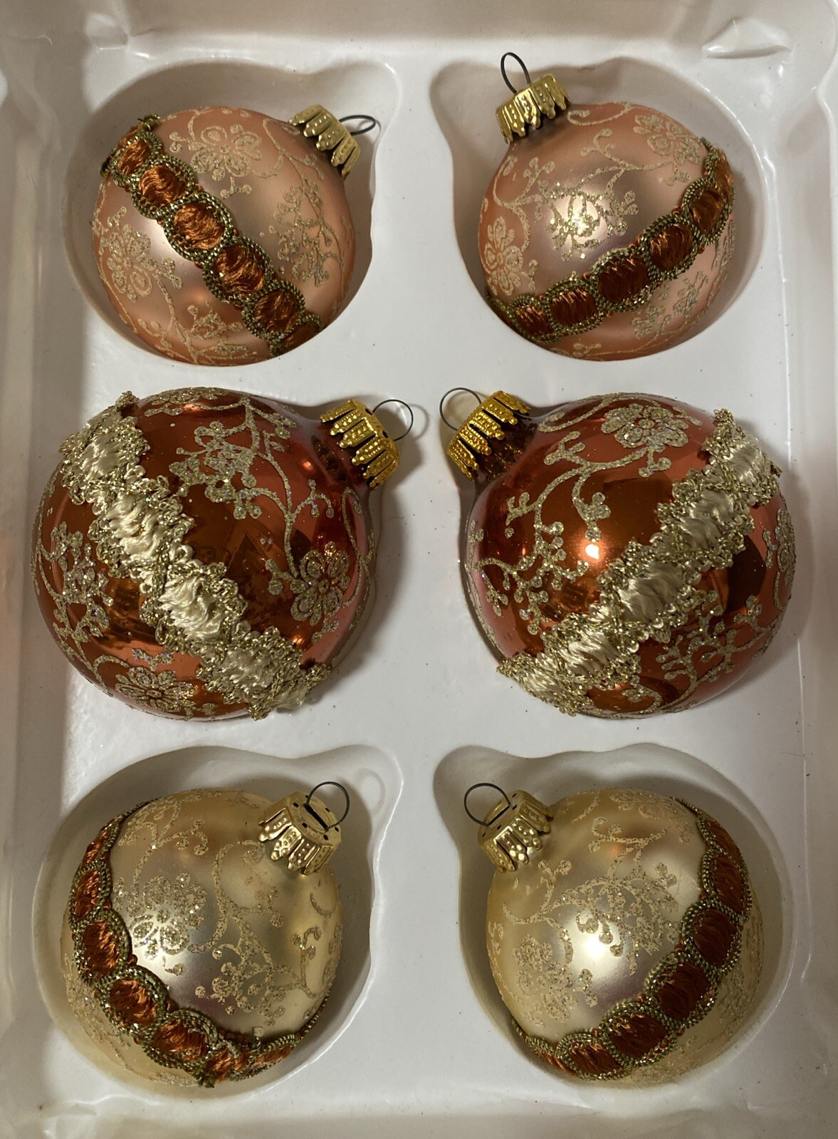 6 Vtg 1949-90 West Germany Krebs Gold, Copper, Rose Glitter Ribbon Ornament Mxd