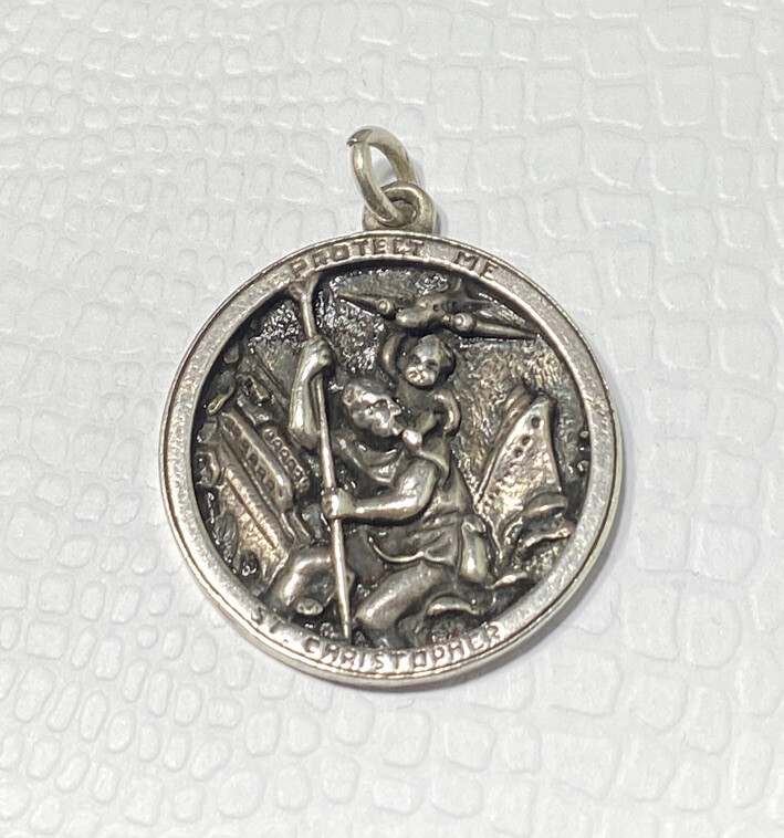 Vintage Sterling Silver Saint Christopher Protect Us 3D Medal Bust Two Sided