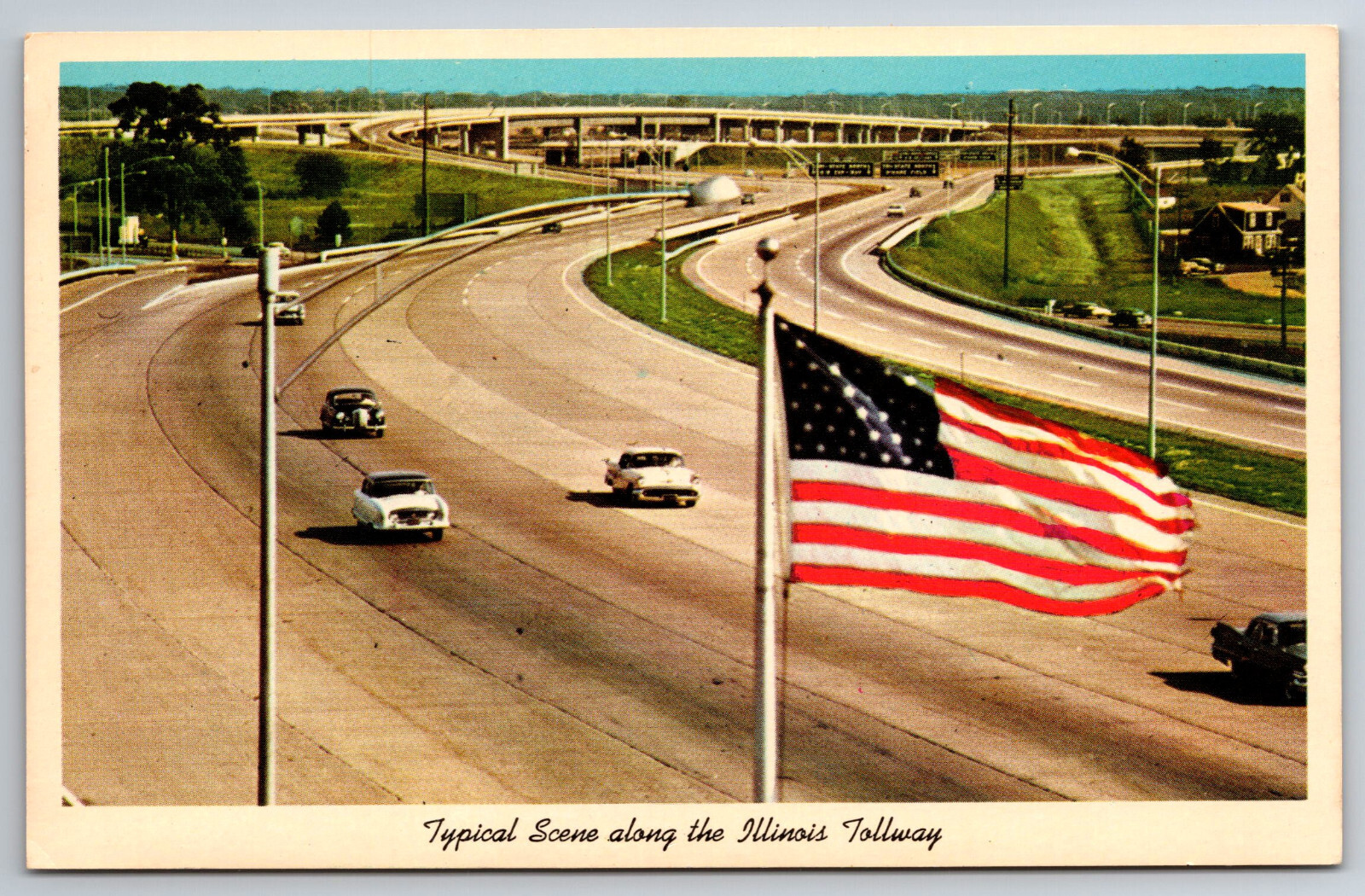 Illinois, Tollway, Aerial View, 50s Cars, American Flag, Vintage Postcard
