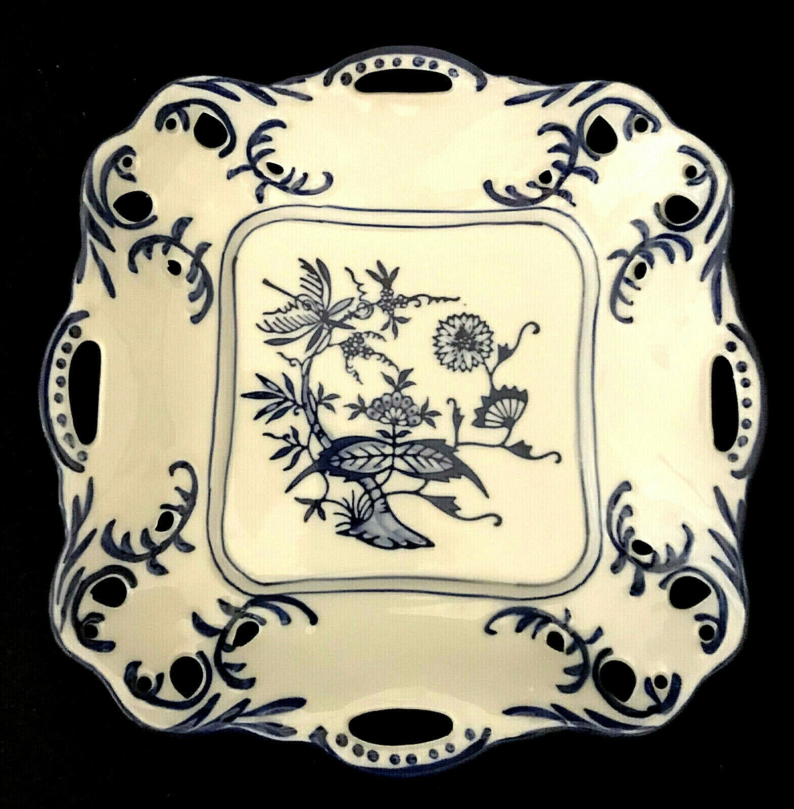 Lillian Vernon Scalloped Reticulated Pierced Square Blue White Porcelain Plate