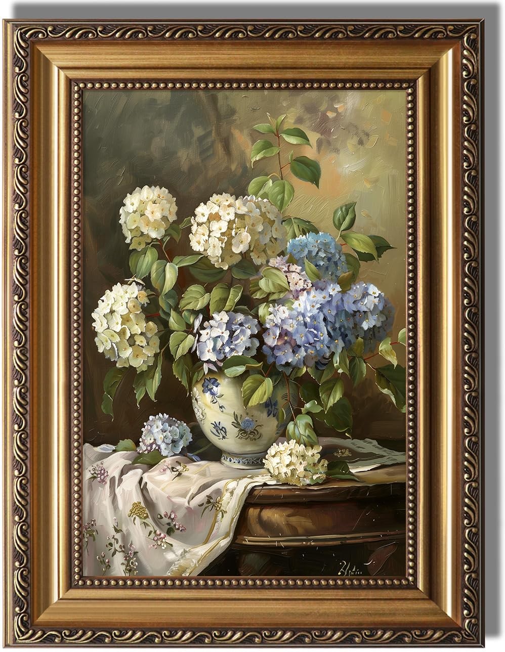 KBKBART Vintage Framed Wall Art Moody Blue White Hydrangeas Canvas 12\