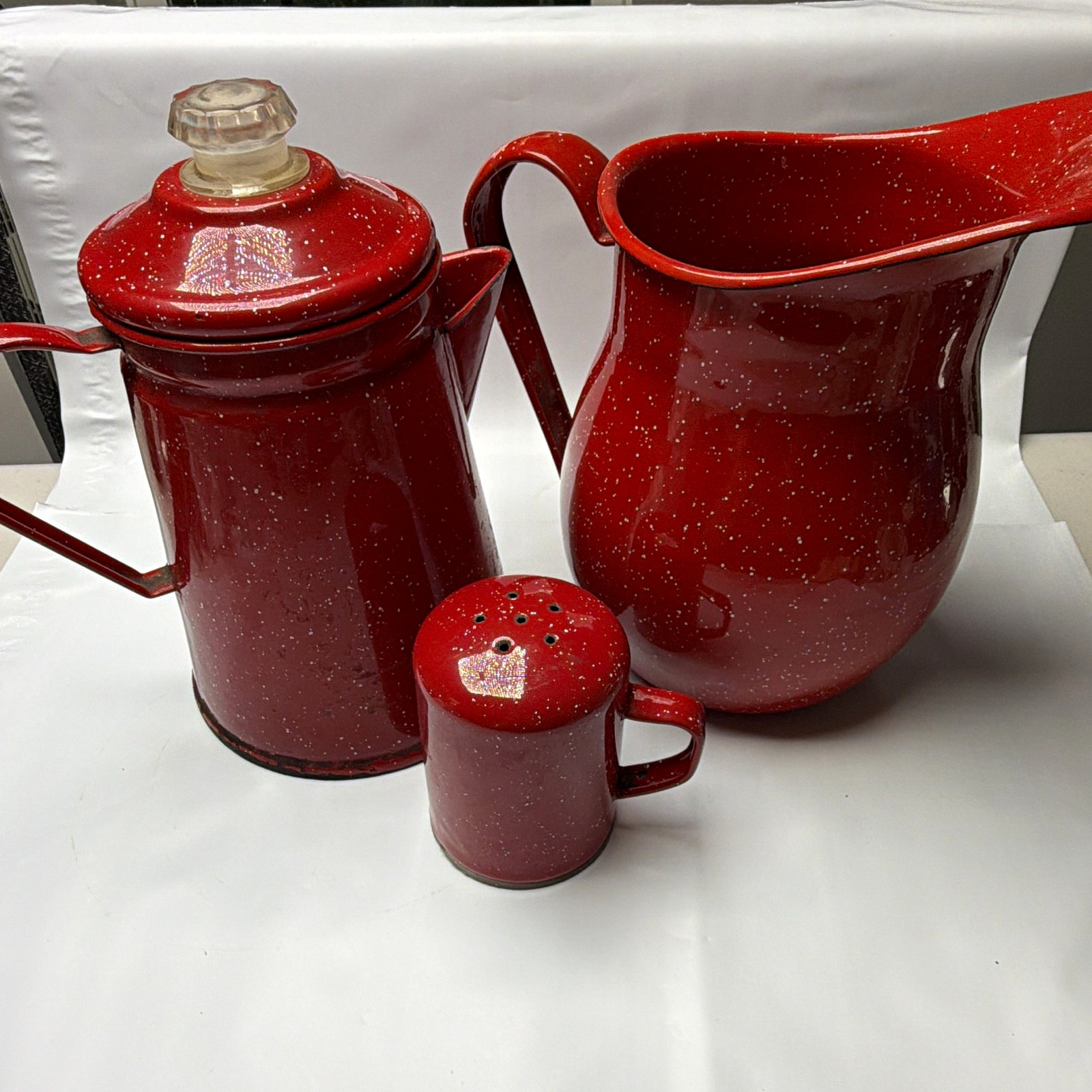 Vintage Red Speckled Enamelware Coffee Pot Pitcher Shaker Lot Farmhouse Camp