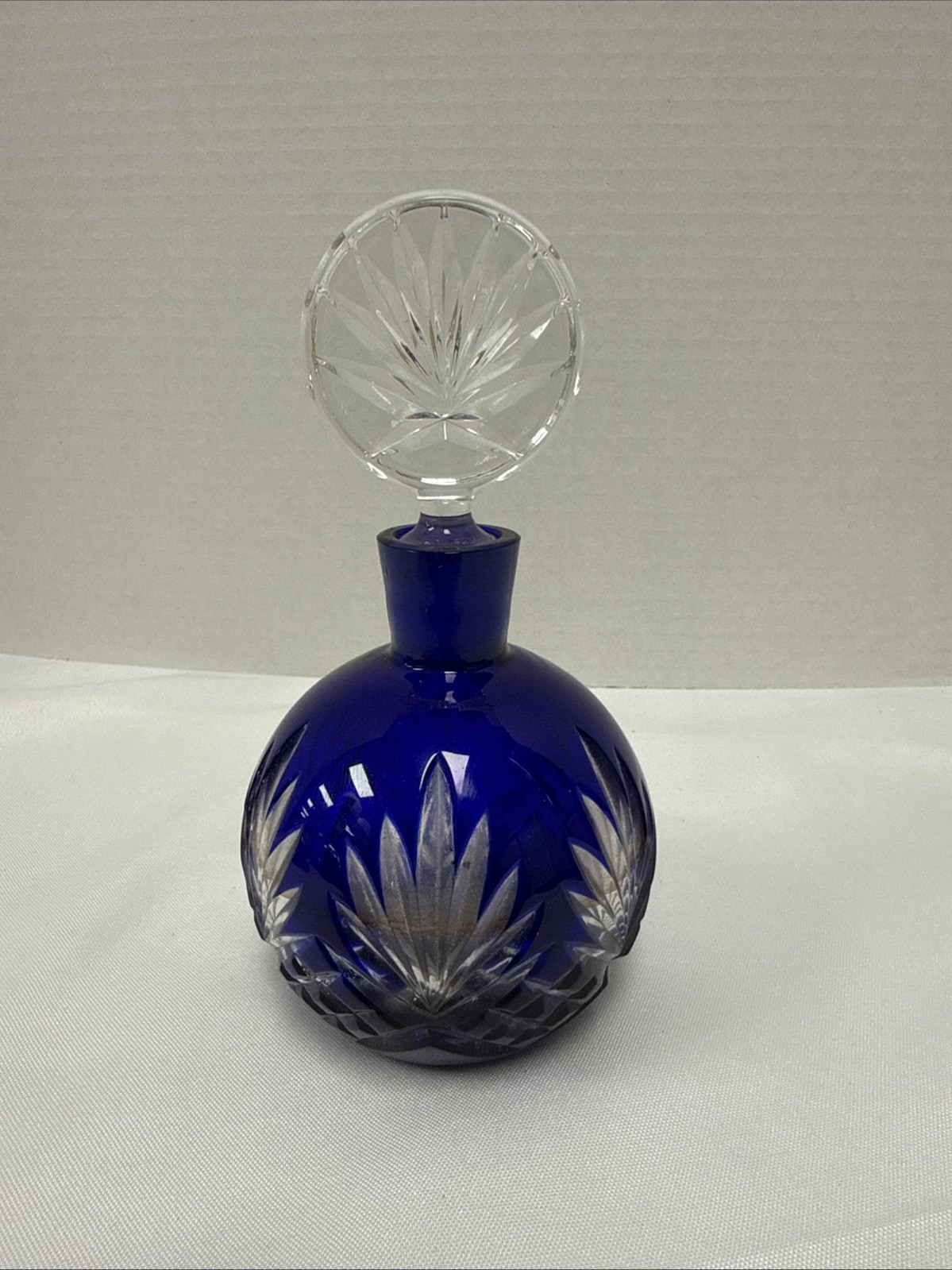 FABERGE ODESSA AMETHYST BLUE CUT TO CLEAR LEAD CRYSTAL PARFUM BOTTLE, MARKED