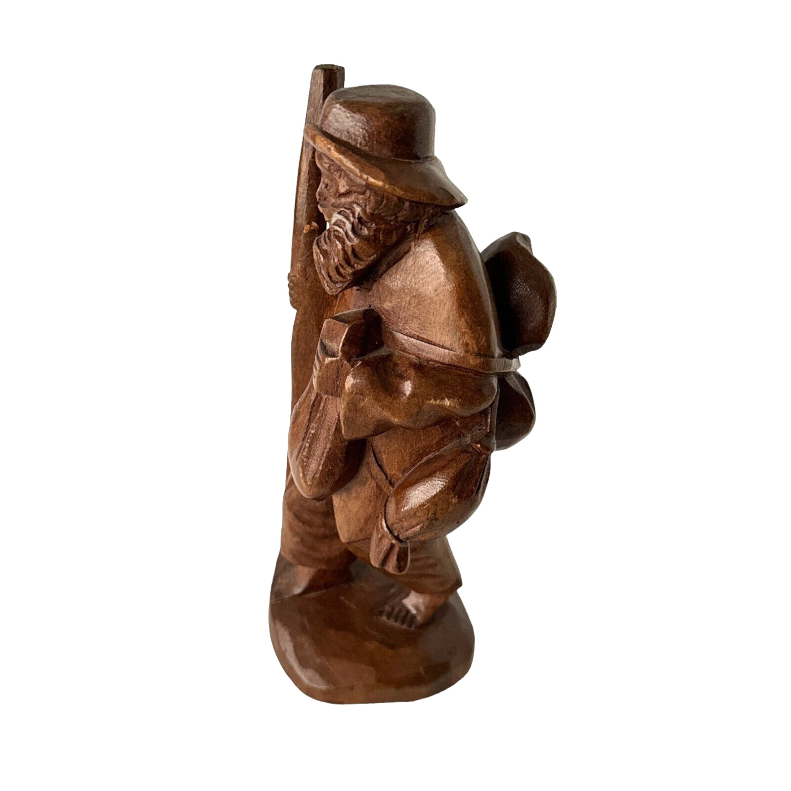 Hand Carved Wood Barefoot Traveler Man Figurine w/ Stick - Bag - Hat ~ 8\