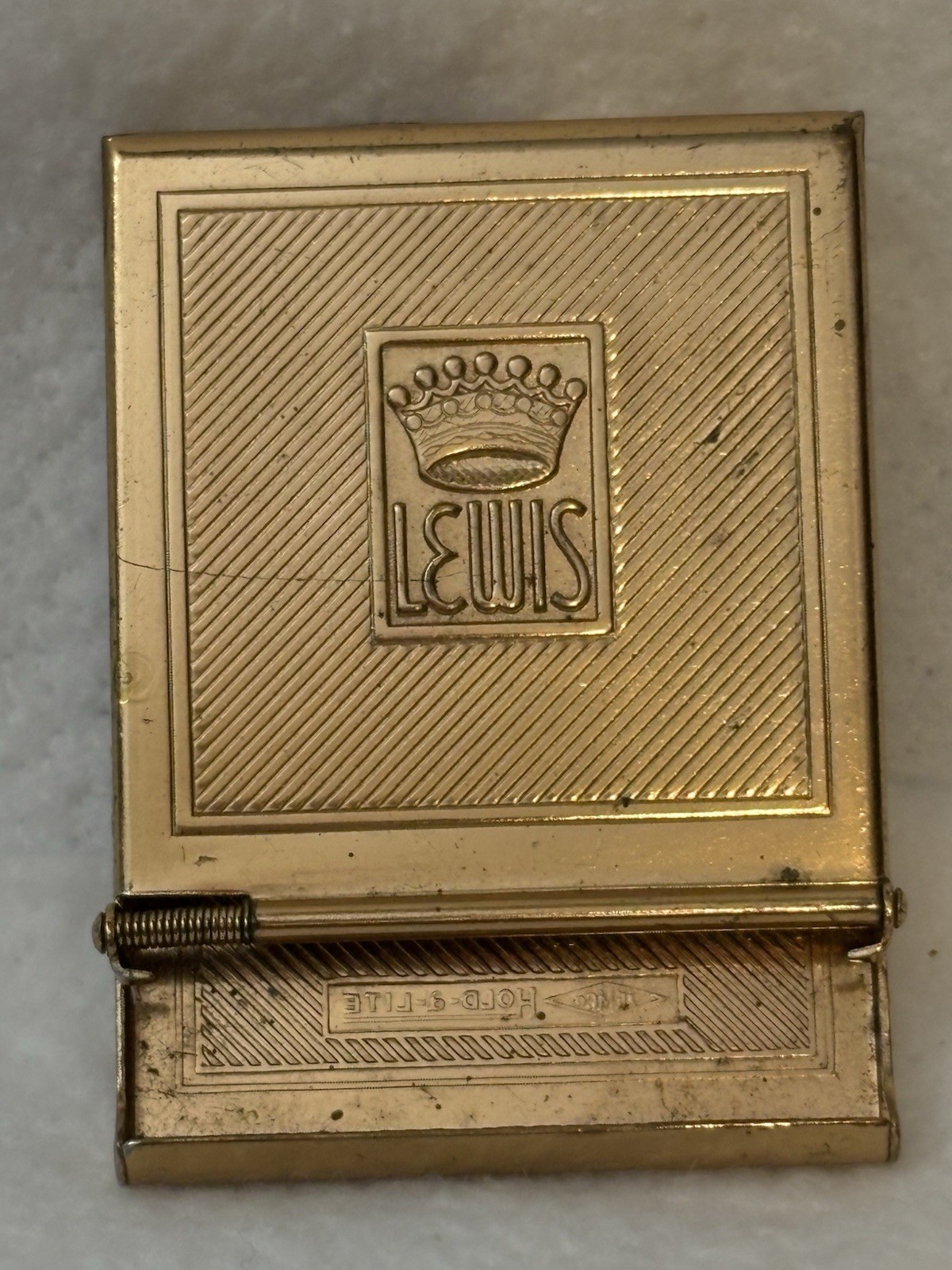 Vintage Jemco HOLD-A-LITE Brass Matchbook Case Holder Crown Lewis Purses 1930s