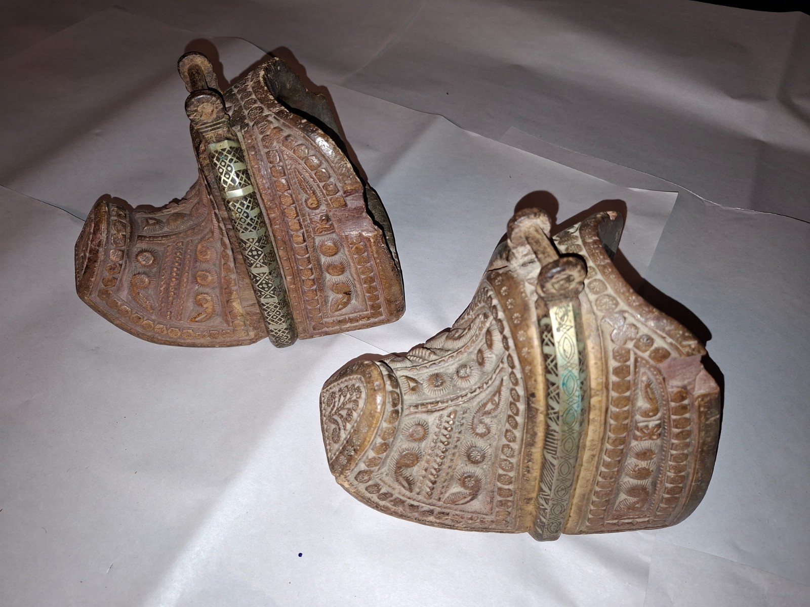 Antique Chilean Carved Wood Box Stirrups Pair Ornate Silver Inlay Western