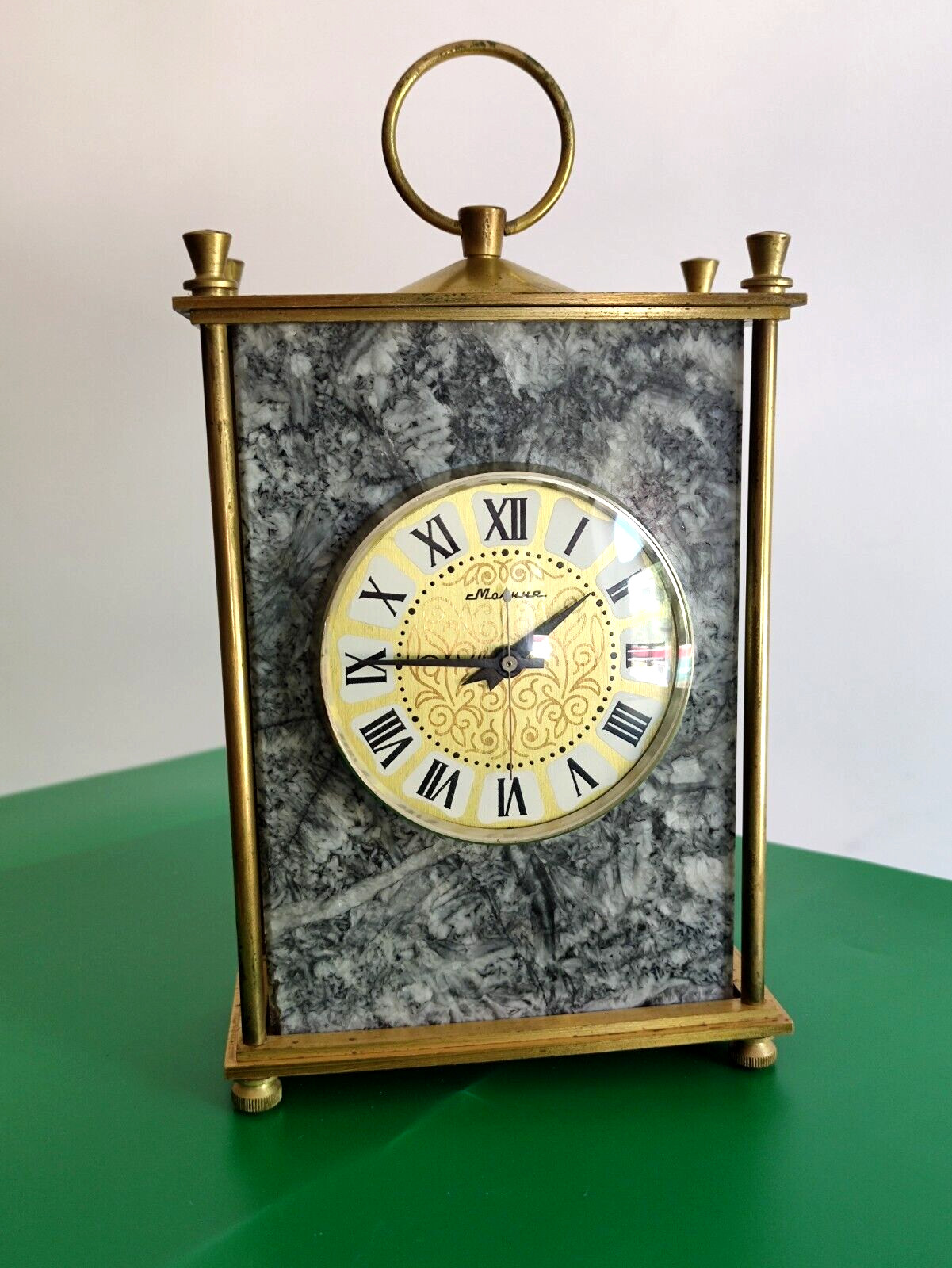 Rare Lux Vintage Clock Granite Stone Brass MOLNIJA 5 days dial mechanical Mantel