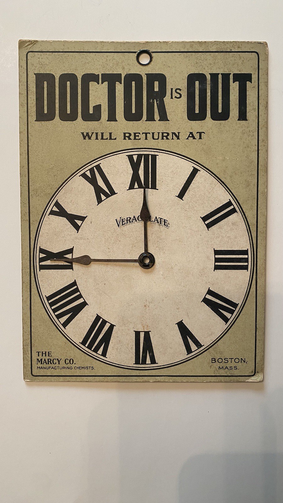 Vintage Marcy Co Doctor Is Out / In Veracolate Clock Cardboard Door Sign