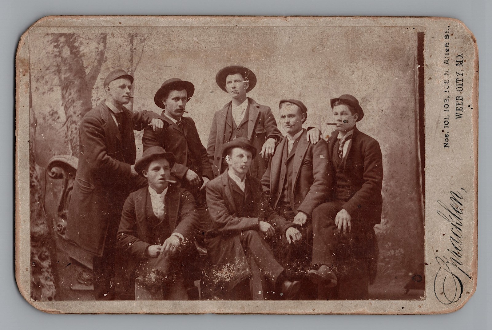 1890s Cabinet Photo 7 Men Smoking Cigars Hats Spracklen Webb City MO