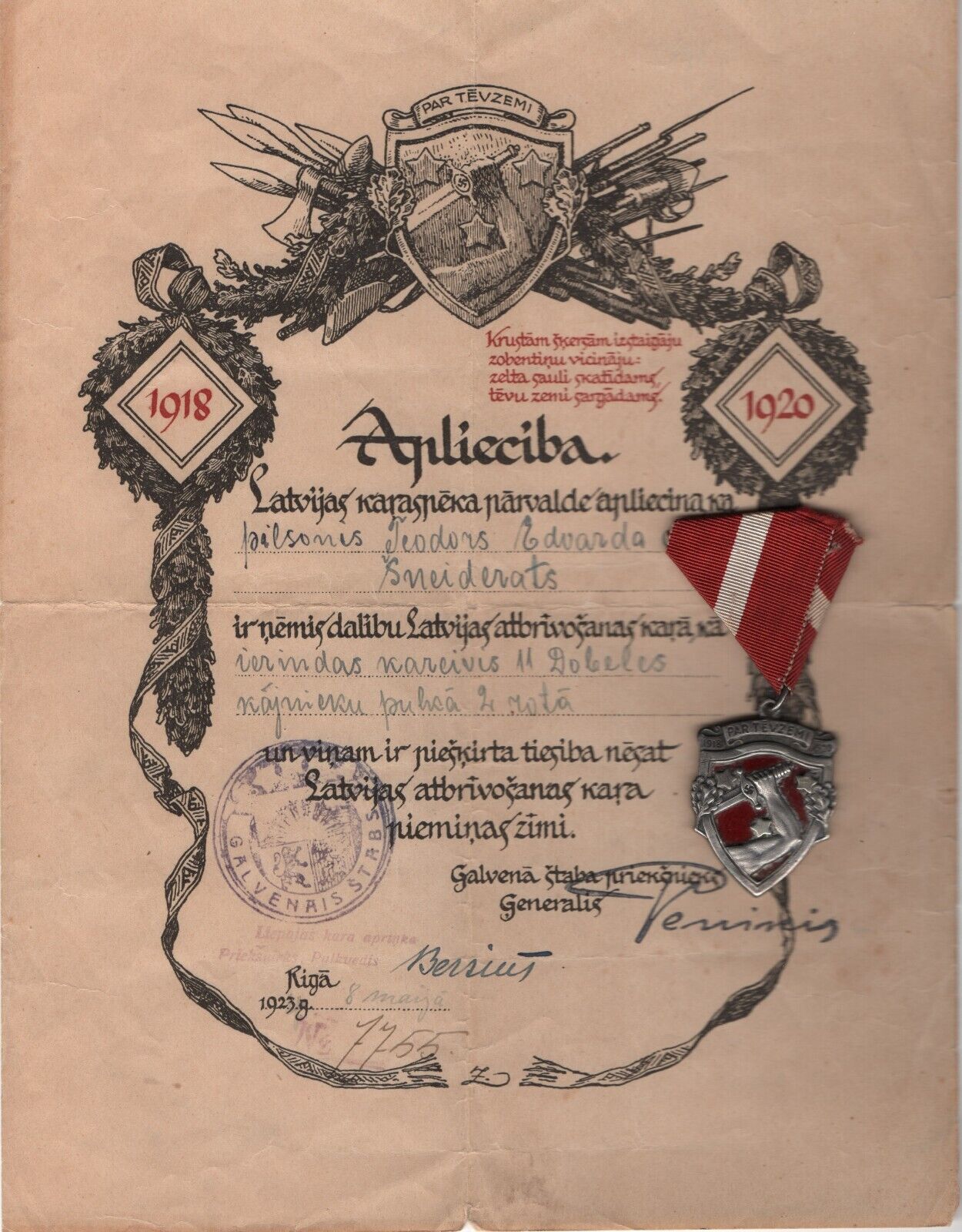 Latvia Liberation war Commemorative medal 1918-1920 + Certificate [AH 1094]