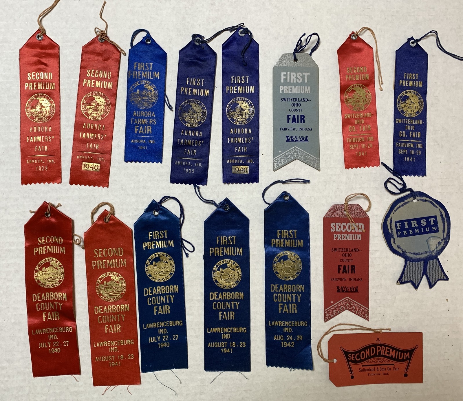 Vintage 1938 - 1942 Indiana Farmers & County Fair Award Ribbons Lot Of 16