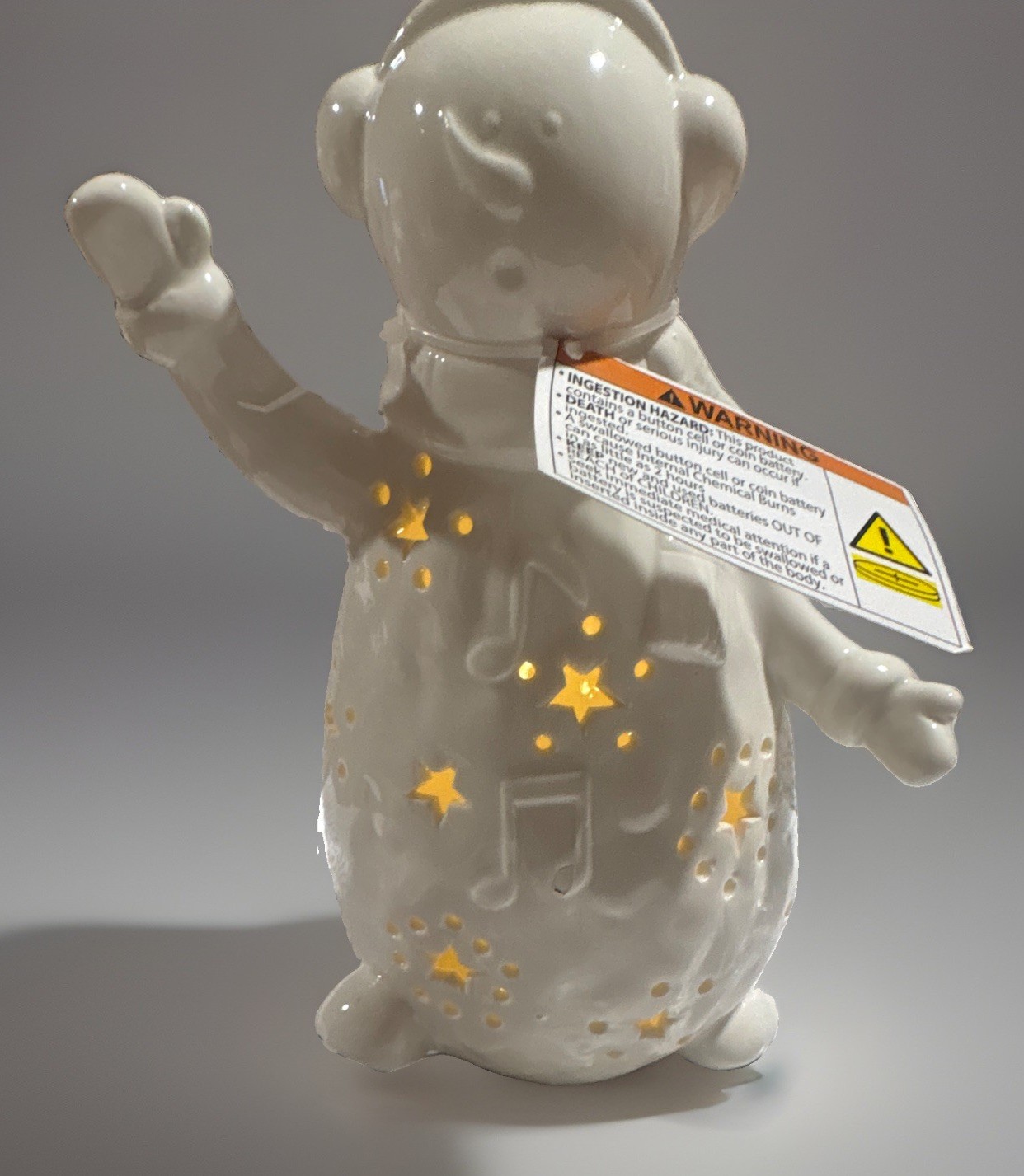 White Ceramic Illuminated Snowman Figurine Night Light w/ Star Cutouts