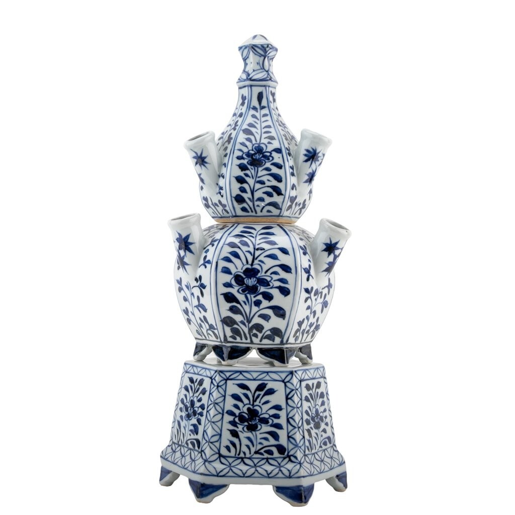 NEW CHINESE ORIENTAL BLUE AND WHITE PORCELAIN HEXAGON TULIPIERE FLOWER VASE NEW CHINESE ORIENTAL BLUE AND WHITE PORCELAIN HEXAGON TULIPIERE FLOWER VASE