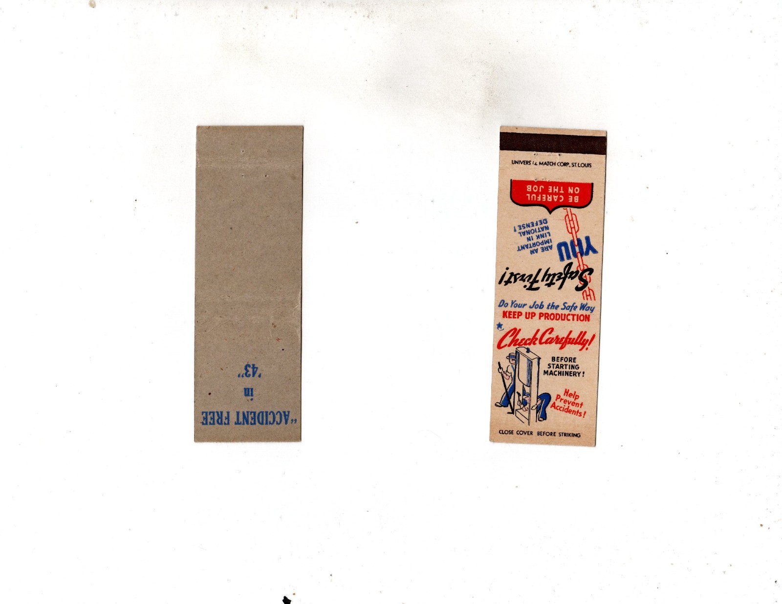 Vintage Matchcover  Safety First Be Careful On The Job