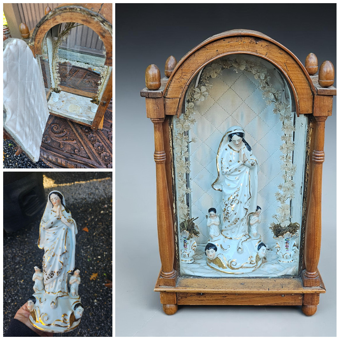 Antique 19thc wood niche chapel French porcelain madonna Angels vases rare Antique 19thc wood niche chapel French porcelain madonna Angels vases rare