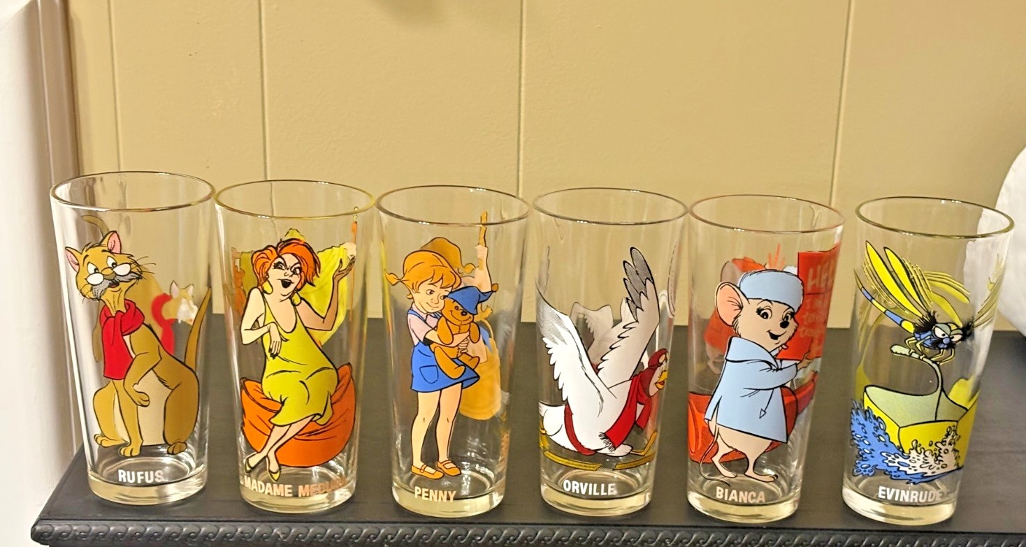 Vintage 1977 Disney The Rescuers Pepsi Collector Glasses Lot of 6 Rufus Medusa