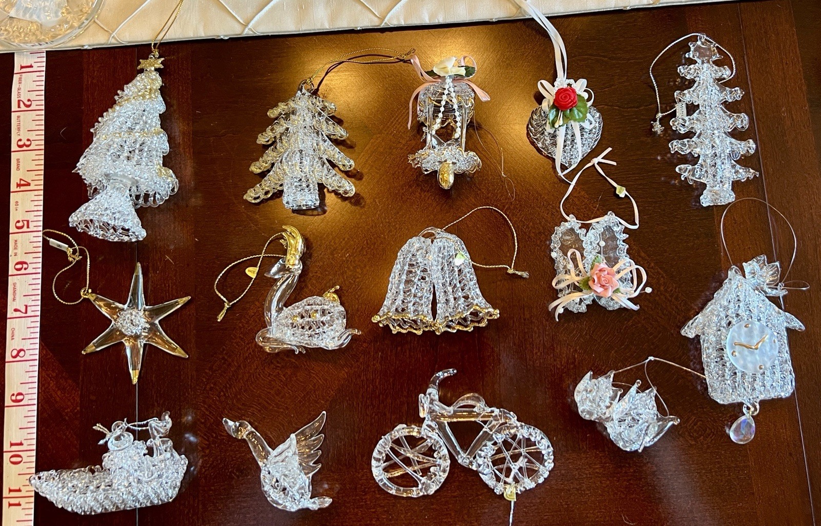 14 Vintage Blown Spun Glass Christmas Ornaments with Gold Accents • Size 2”- 5”