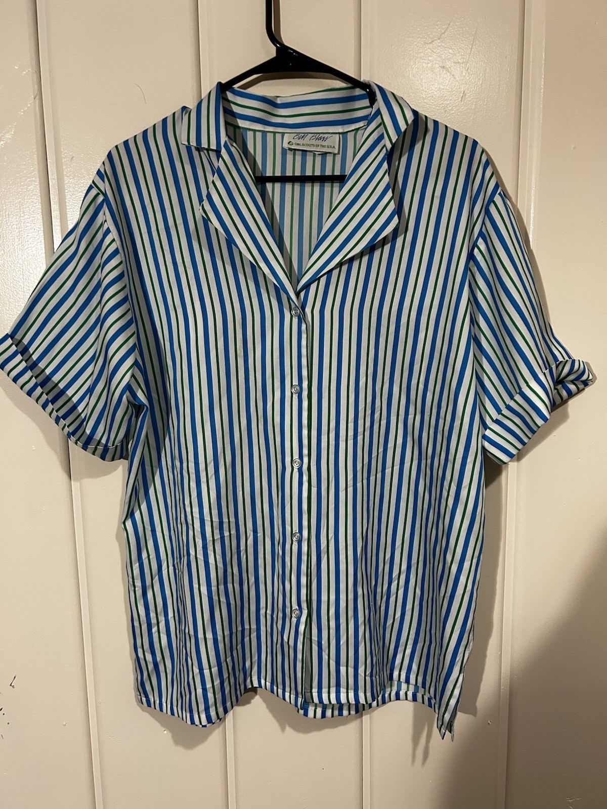 Vintage Girl Scouts USA L Blass Blue Green Striped Short Sleeve Blouse Shirt L