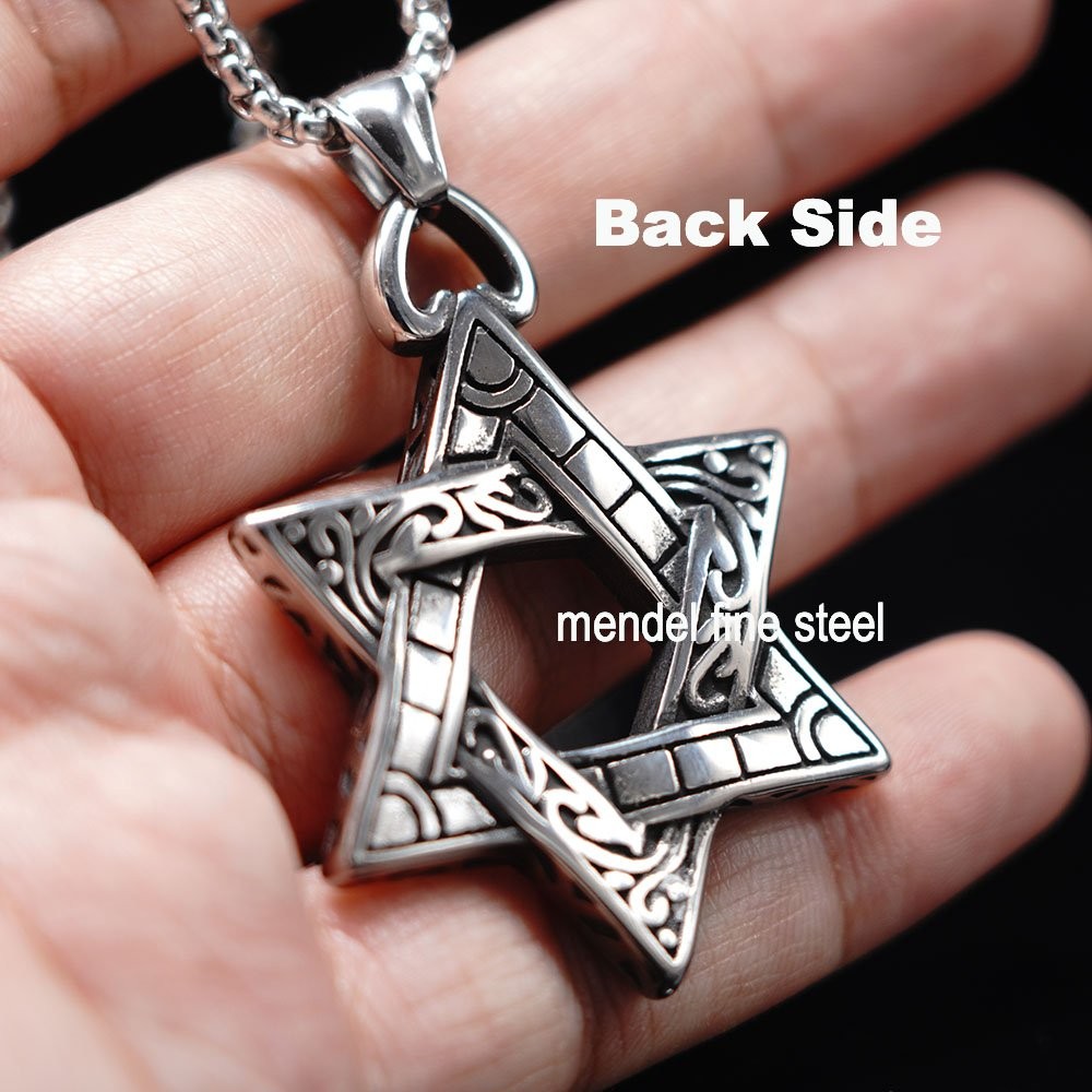 MENDEL Large Mens Stainless Steel Jewish 6 Point Star of David Pendant Necklace