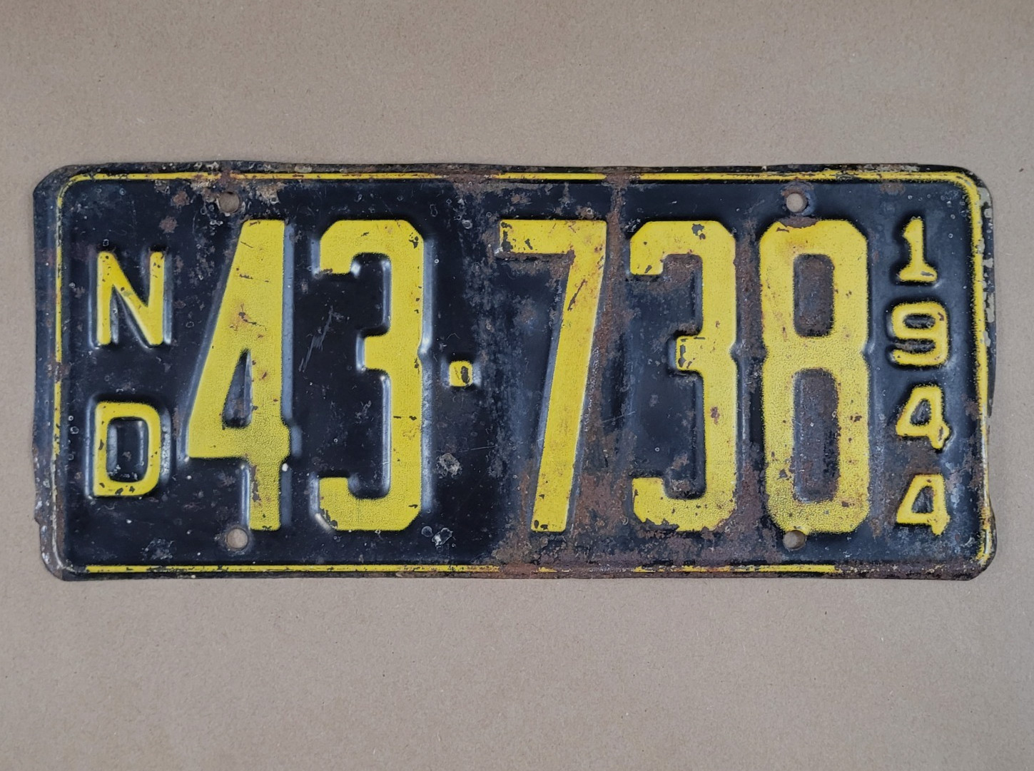 North Dakota ND License Plate 1944 ND 43-738 1944 Short 12\