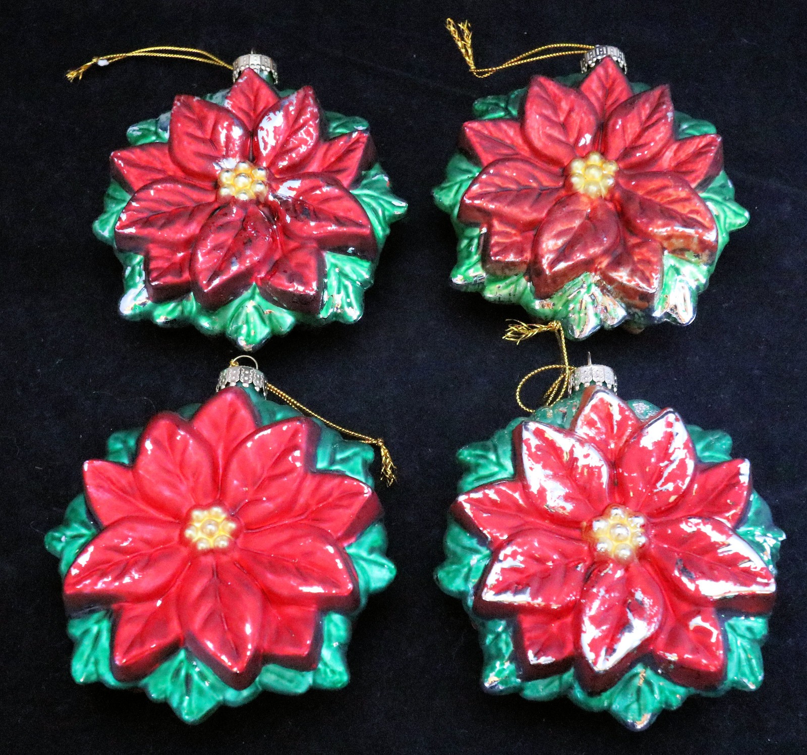 Vintage Unique Treasures Blown Glass Poinsettias Double Sided Christmas Ornament