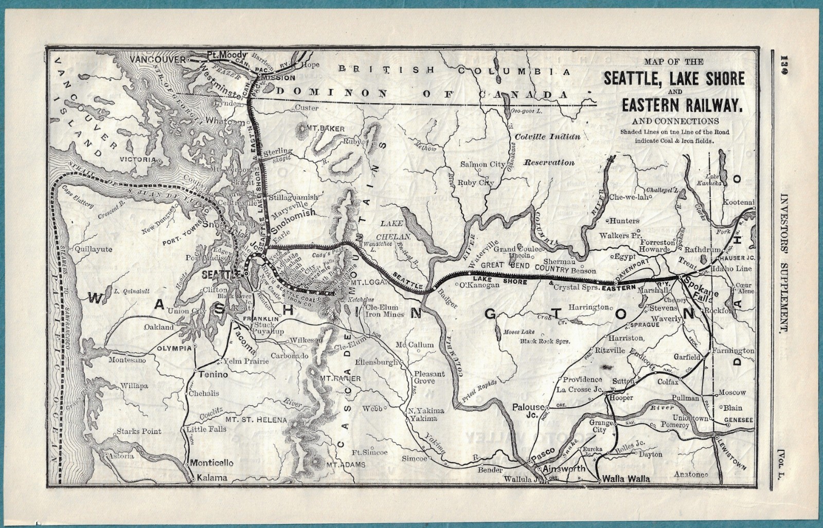 Original 1890 Seattle, Lake Shore & Eastern Railway System Map