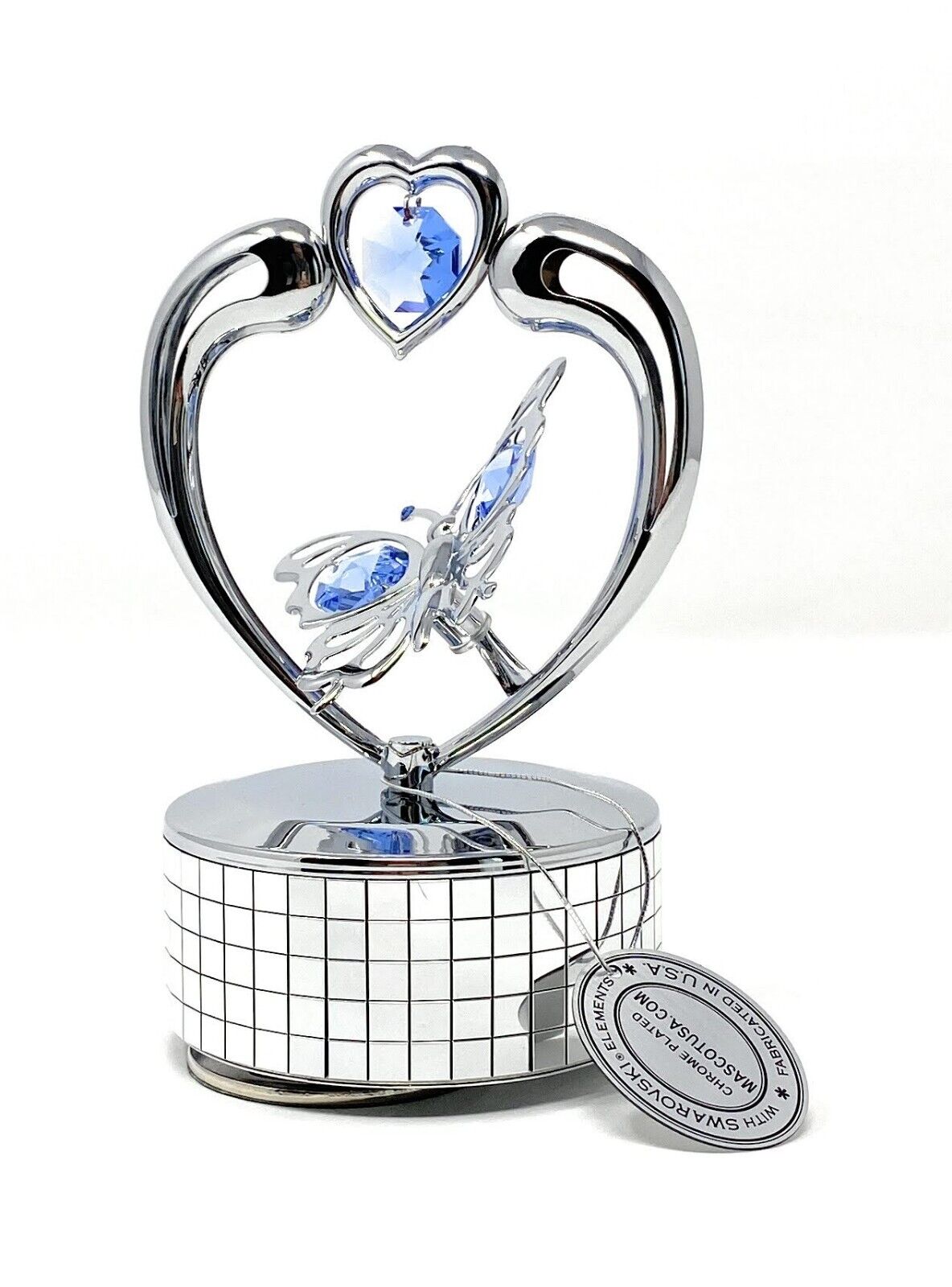 Butterfly Heart Music Box Chrome Plated w/ Swarovski Elements by Mascot, Blue