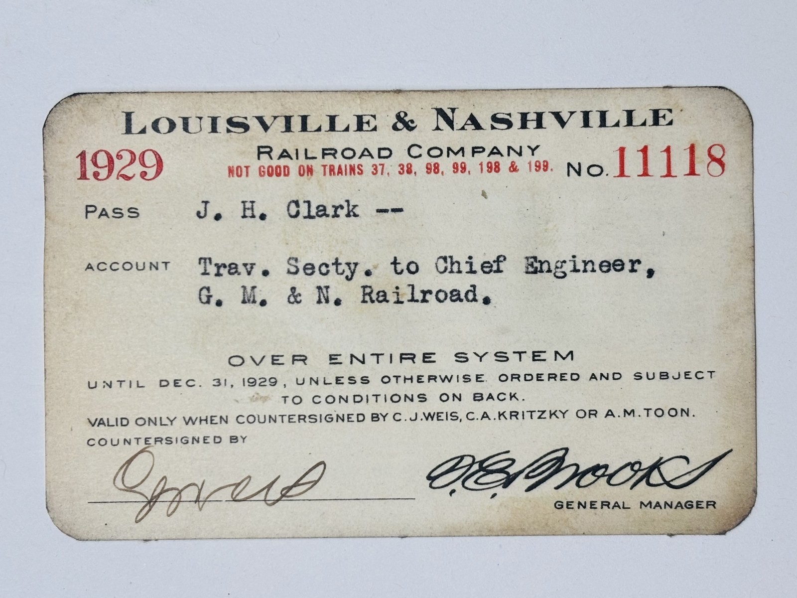 VINTAGE RAILWAY PASS: 1929 - LOUISVILLE & NASHVILLE RAILROAD - J. H. Clark
