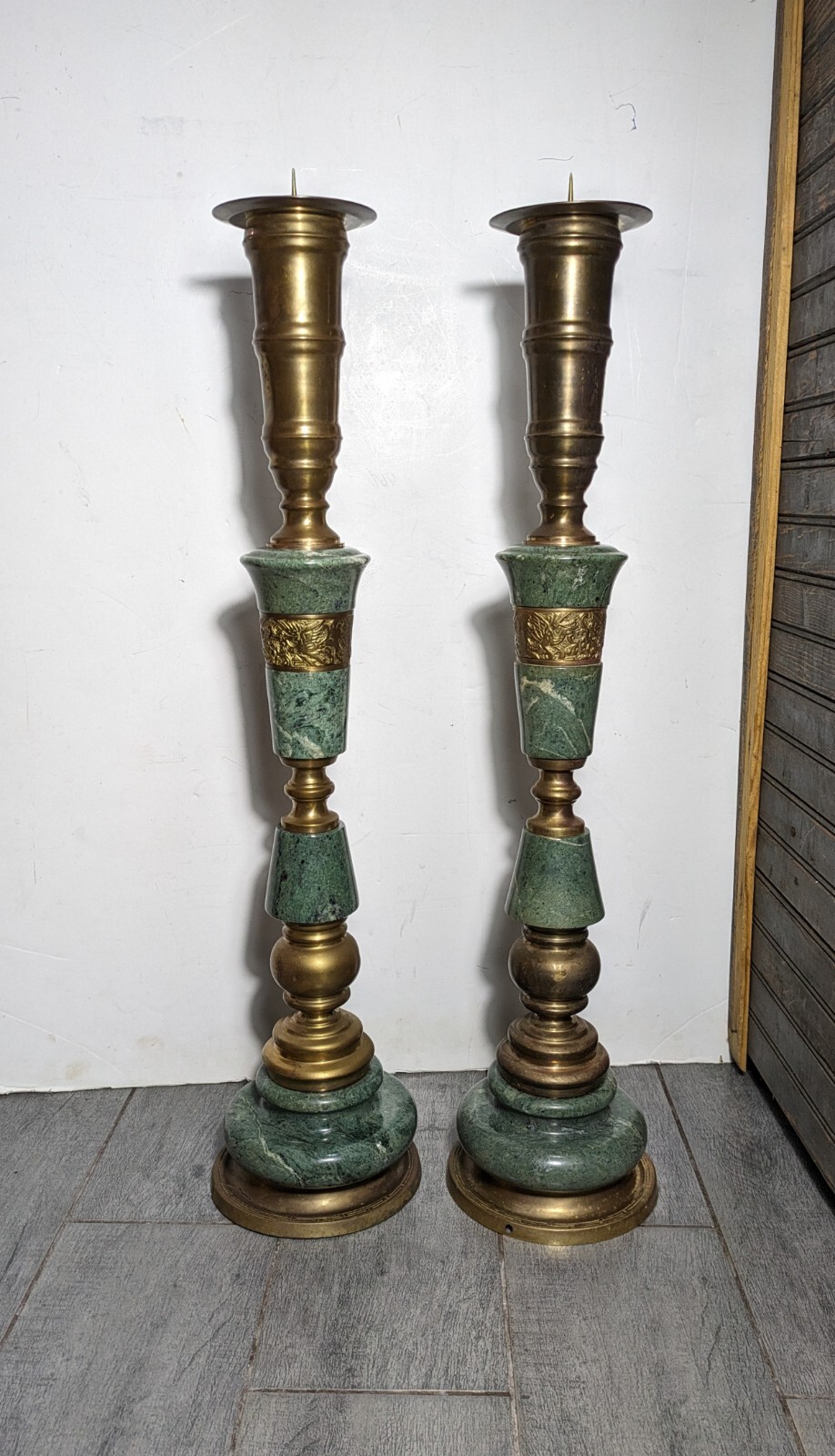 Vintage Pair of Asian Moroccan Brass & Green Marble Altar Candlestick Holders