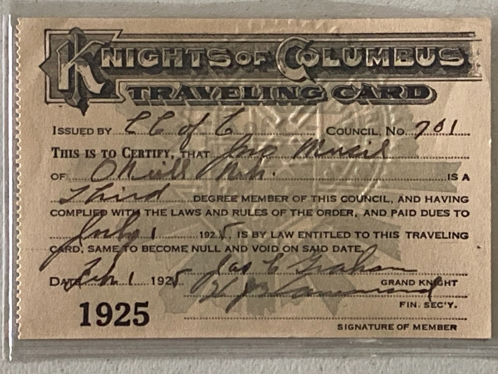 ANTIQUE 1925 KNIGHTS OF COLUMBUS TRAVELING Card