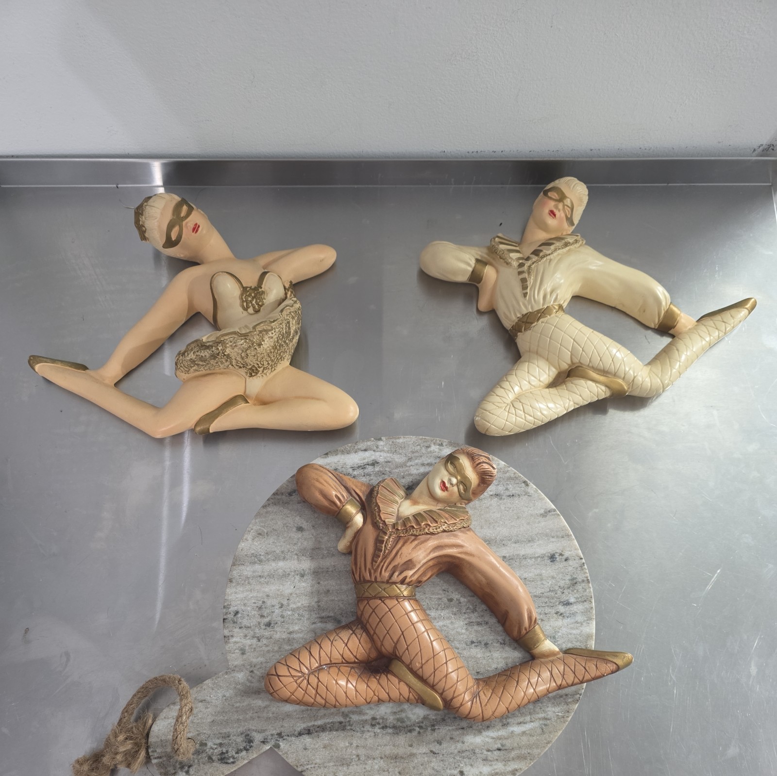 3 Vintage Mid century set Chalkware Ballet Harlequin Dancers Wall Art Figures 3 Vintage Mid century set Chalkware Ballet Harlequin Dancers Wall Art Figures
