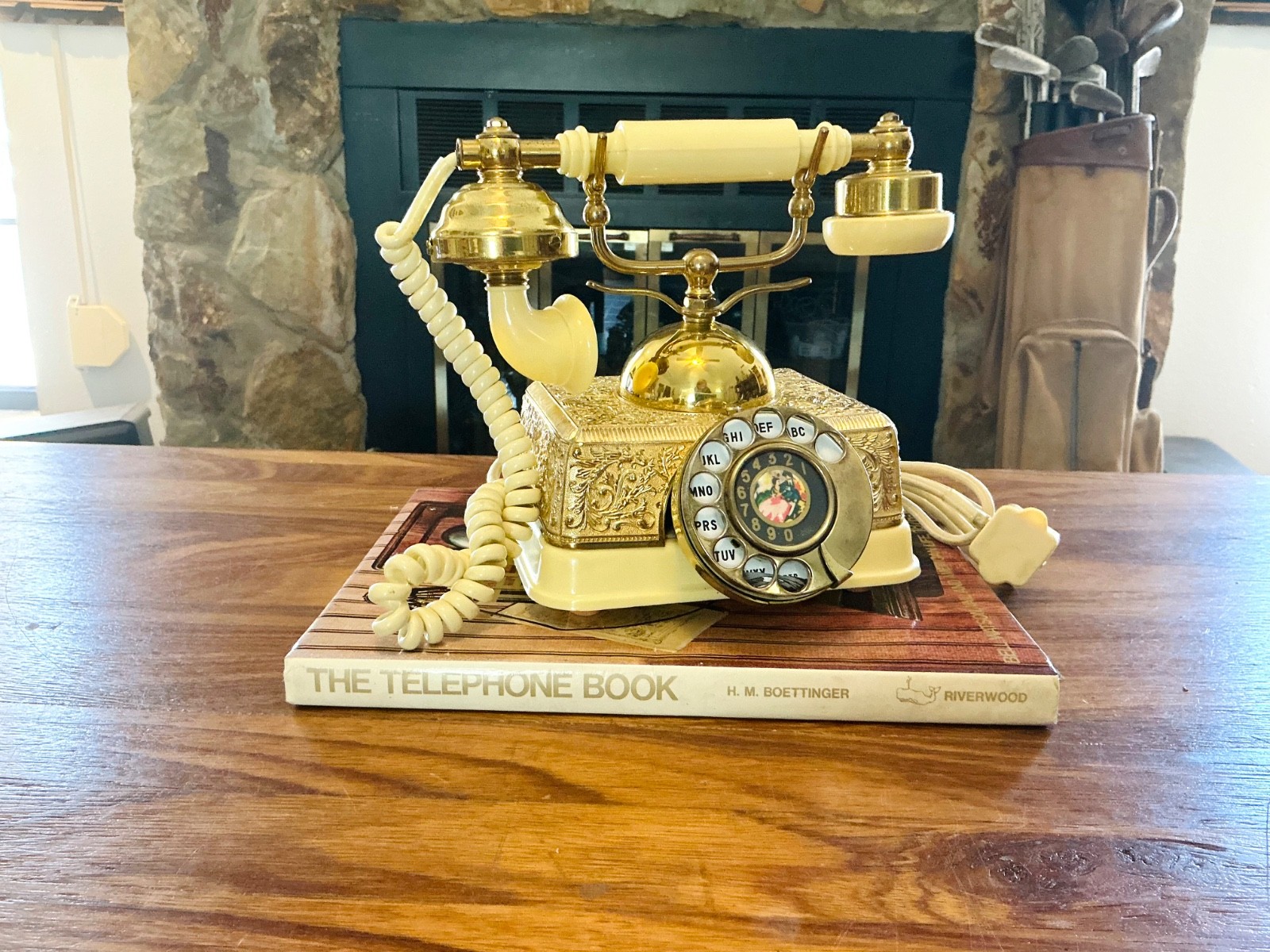 Vintage French Provincial Brass & Cream WORKING Rotary Desk Telephone