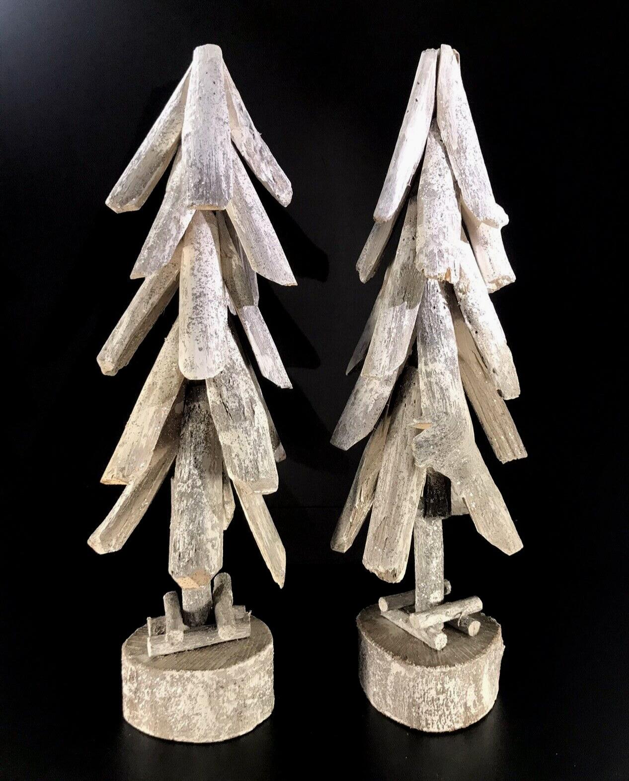 PAIR WHITE WOOD CHRISTMAS TREES - TABLETOP HANDMADE COUNRTY PRIMITIVE RUSTIC 18