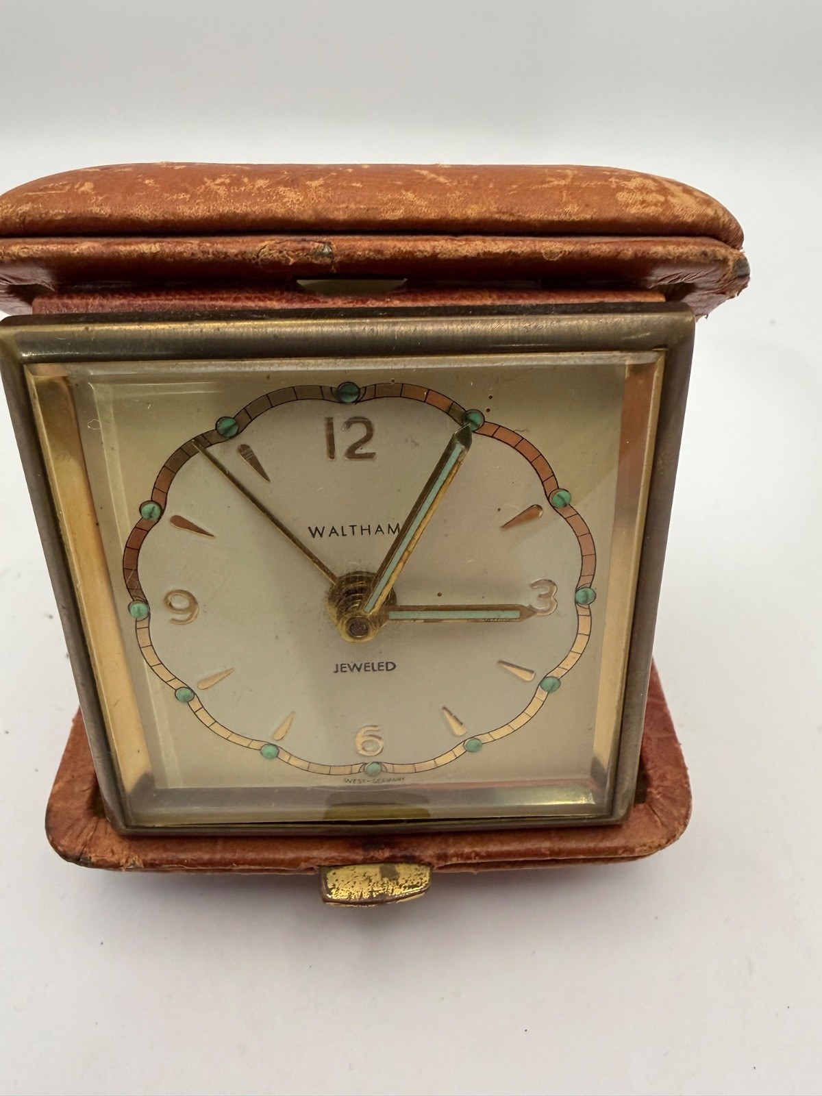Vintage Waltham Jeweled Travel Alarm Clock w/ Case West Germany Mid Century