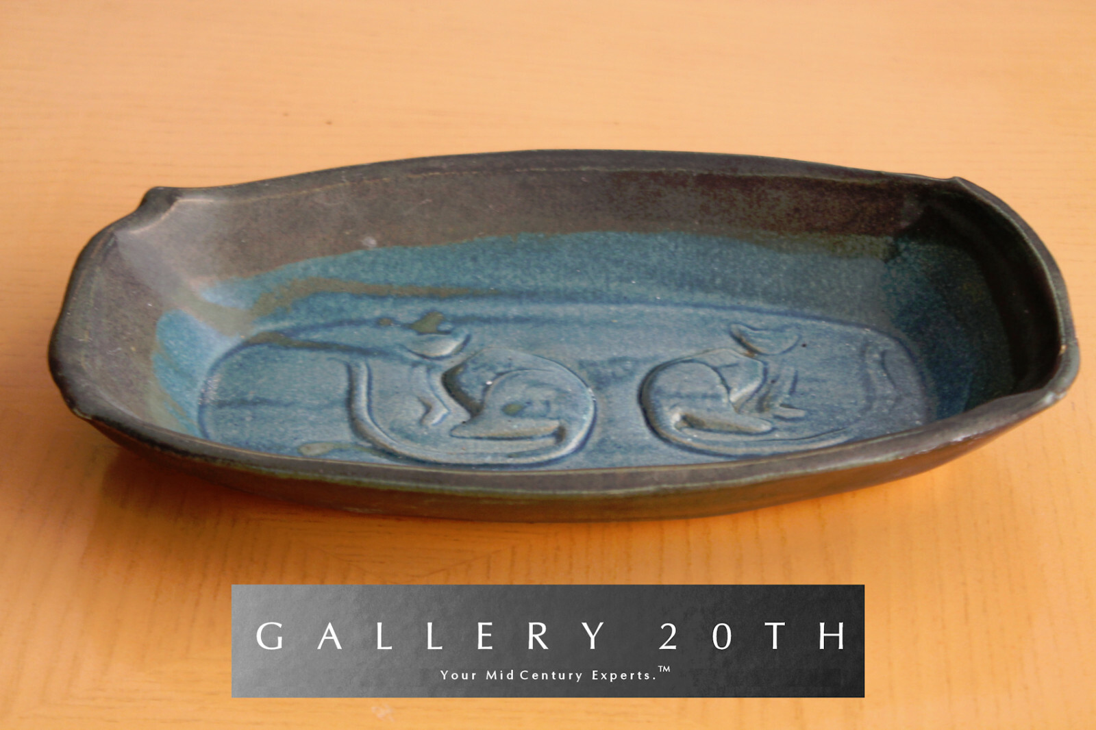 COOL ORIG. CAT POTTERY DISH VTG 50S 60S ART BOWL TRAY BLUE MID CENTURY MODERN