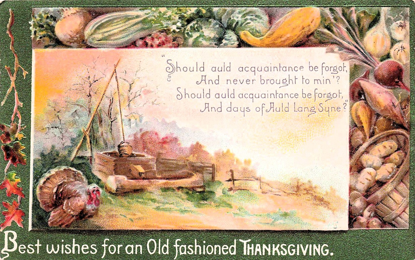 Thanksgiving Card Turkey Well Frame Celtic Scottish song poem Vtg Postcard I16