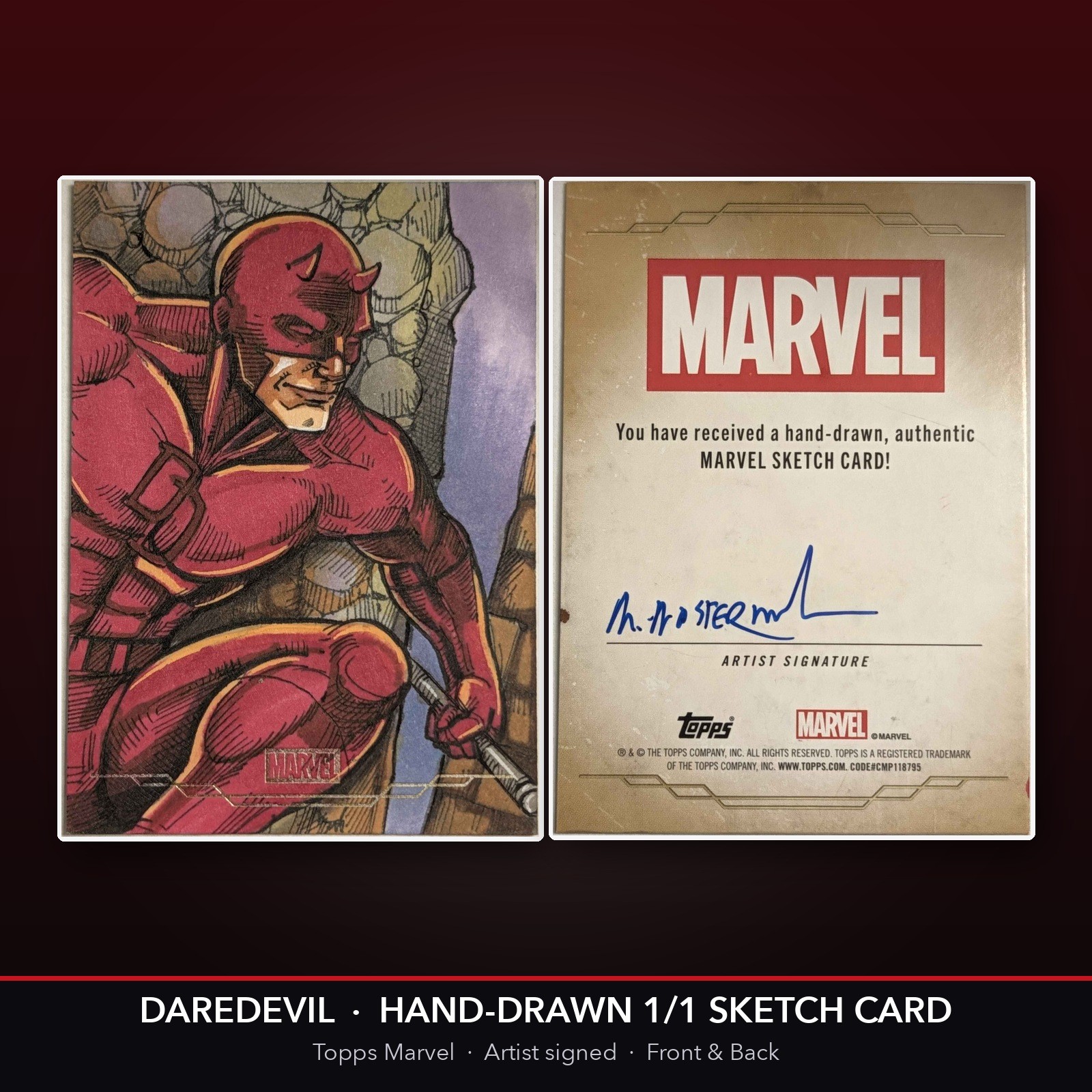 Topps Marvel Daredevil Hand-Drawn Sketch Card 1/1 Artist Signed Full Color Art