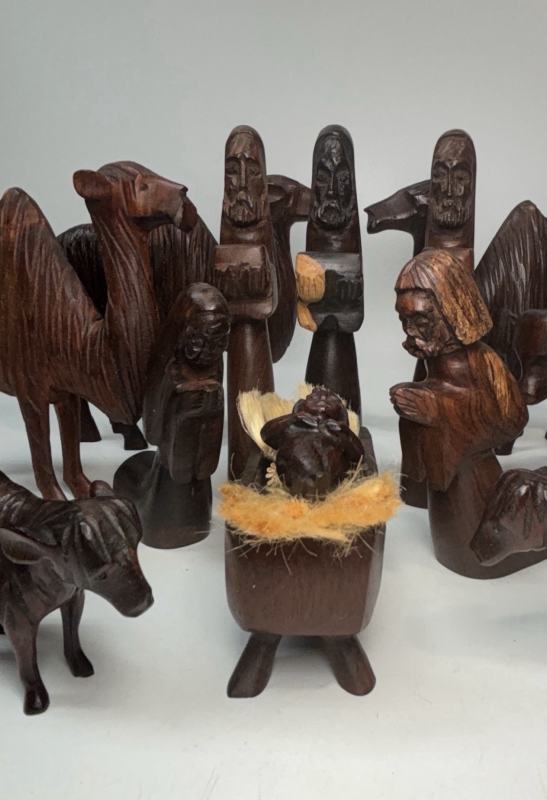 Vintage West African Nativity Scene Hand Crafted From Rich Regional Wood 15 Pc