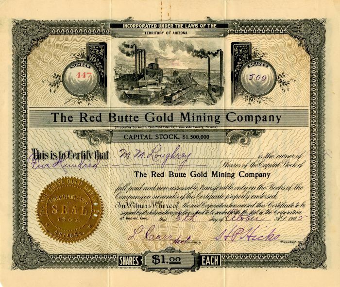 Red Butte Gold Mining Co. - Stock Certificate - Mining Stocks