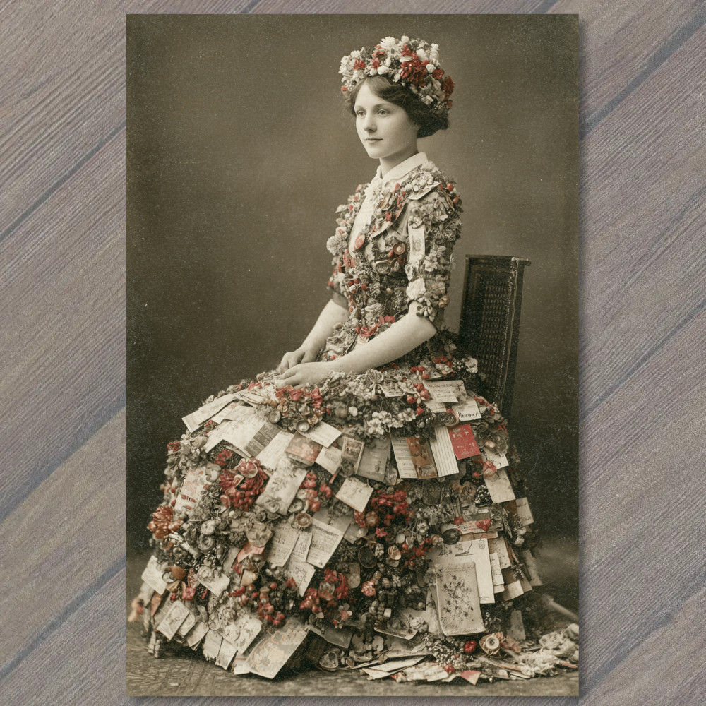 POSTCARD Woman Covered Christmas Cards Festive Floral Dress Holiday Greeting Vin POSTCARD Woman Covered Christmas Cards Festive Floral Dress Holiday Greeting Vin