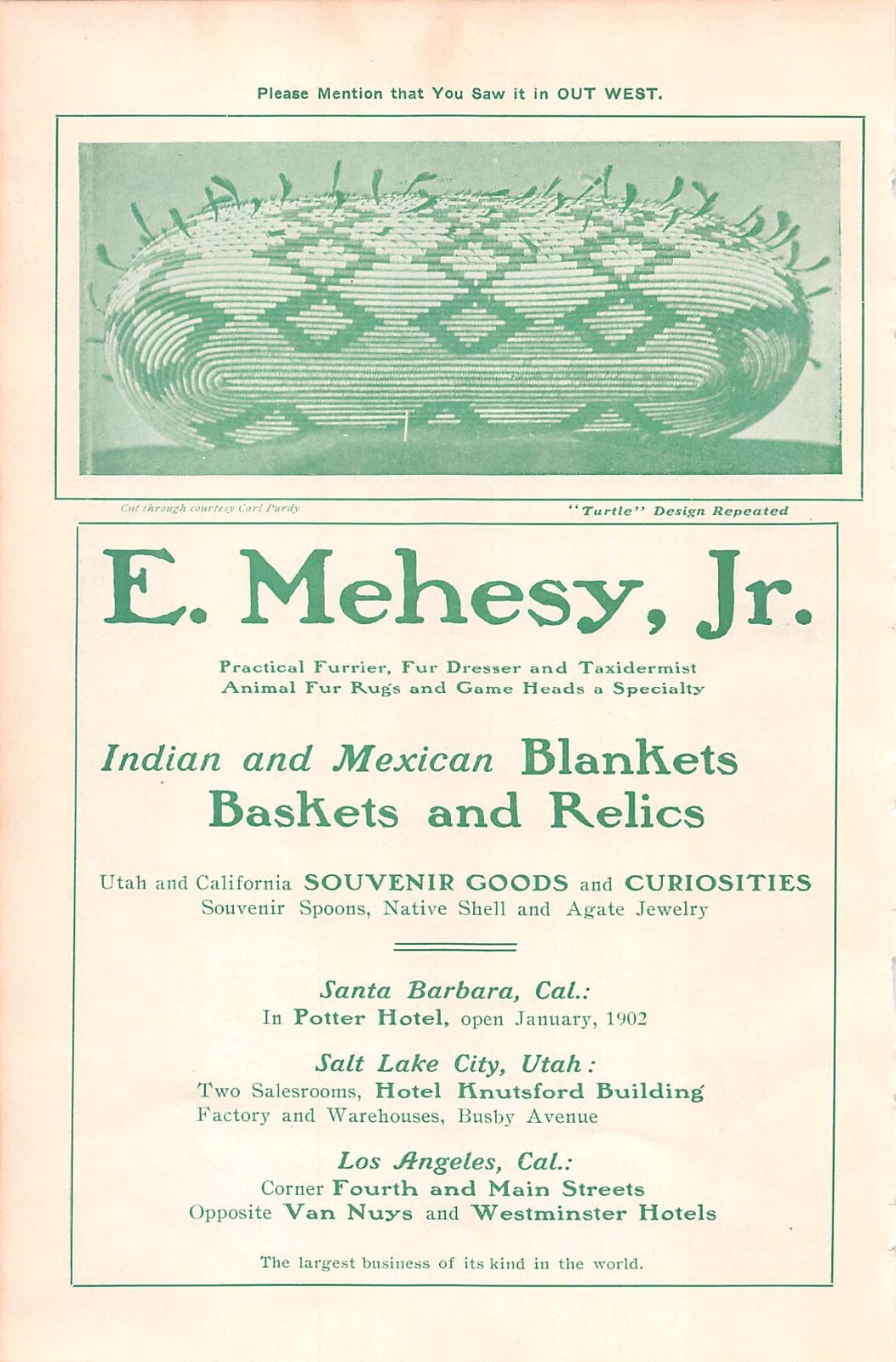 1902 E MEHESY JR Indian and Mexican Blankets Baskets Santa Barbara CA ANTIQUE AD