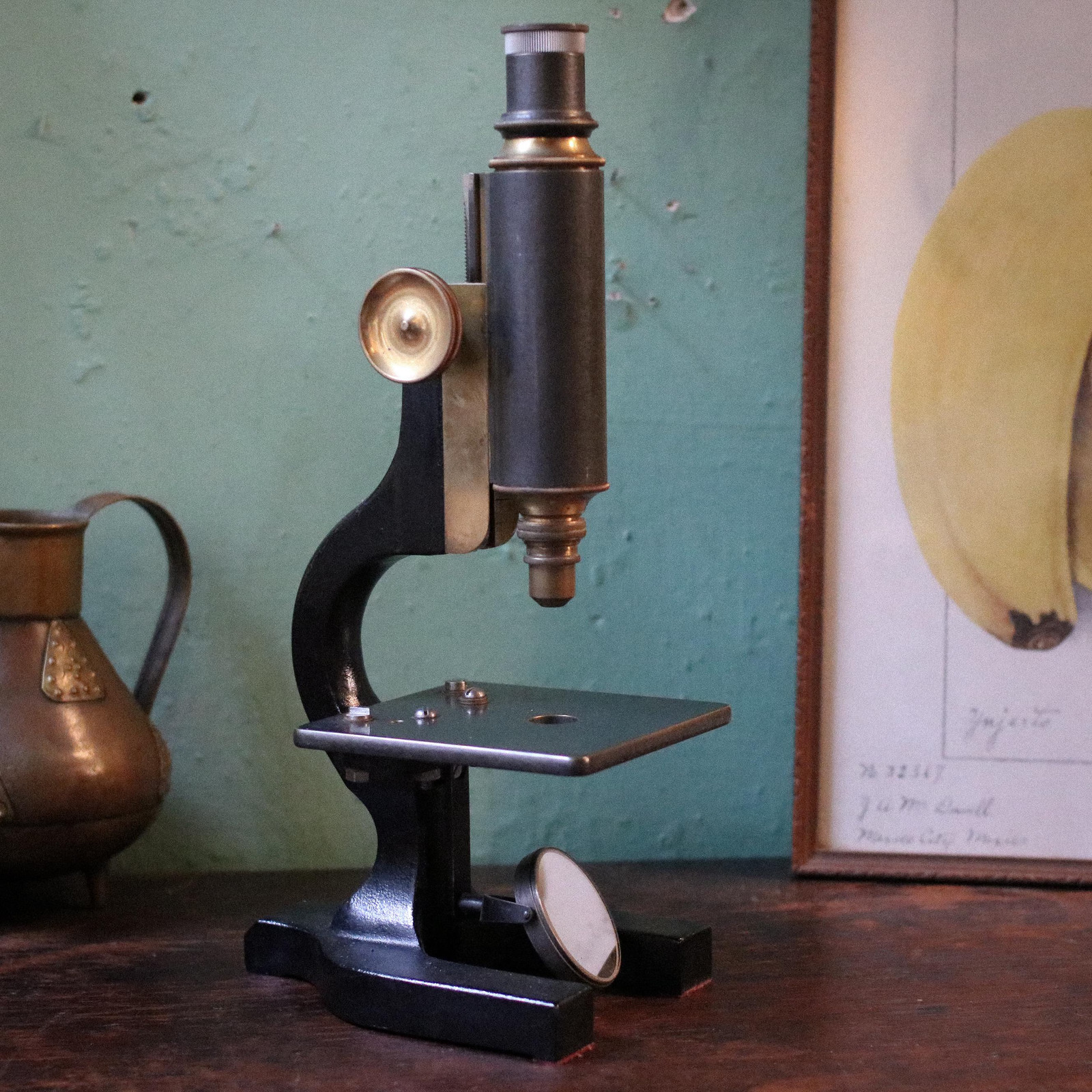 Vintage Early 20th.C Brass Microscope - Black Enamel Stand - Working Scientific Vintage Early 20th.C Brass Microscope - Black Enamel Stand - Working Scientific
